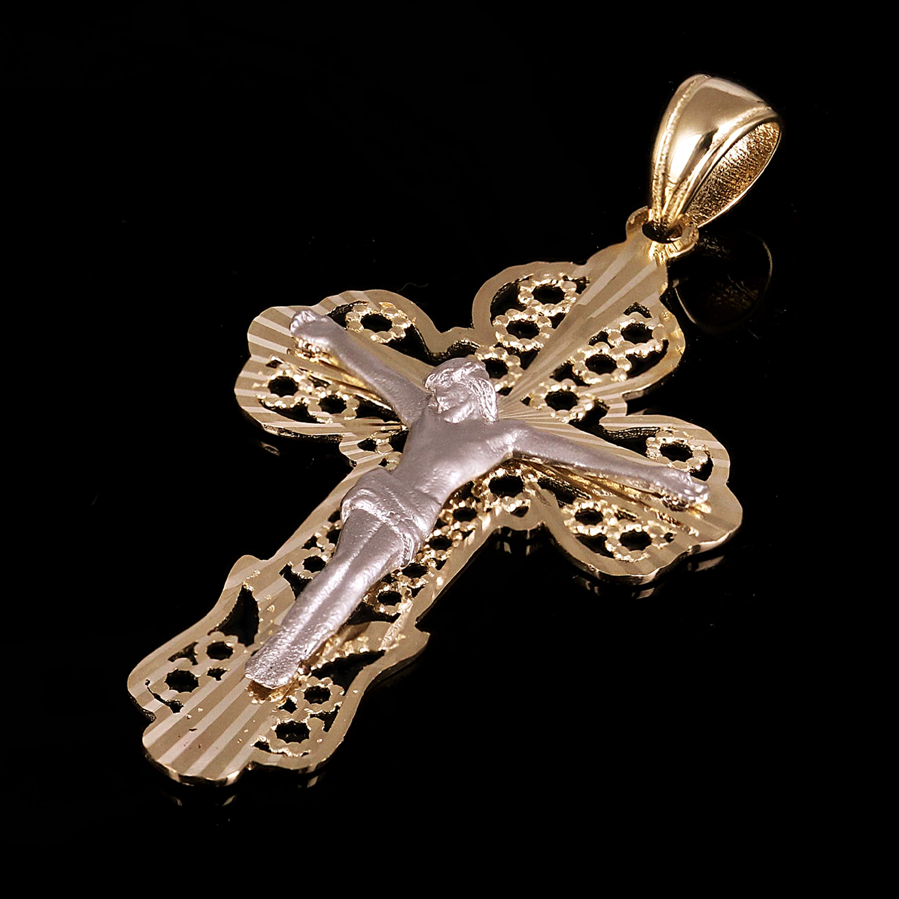 Italian 14k Two-Tone Gold Filigree Crucifix Cross Charm Pendant 1.7" 2.6 grams - Yellow and White