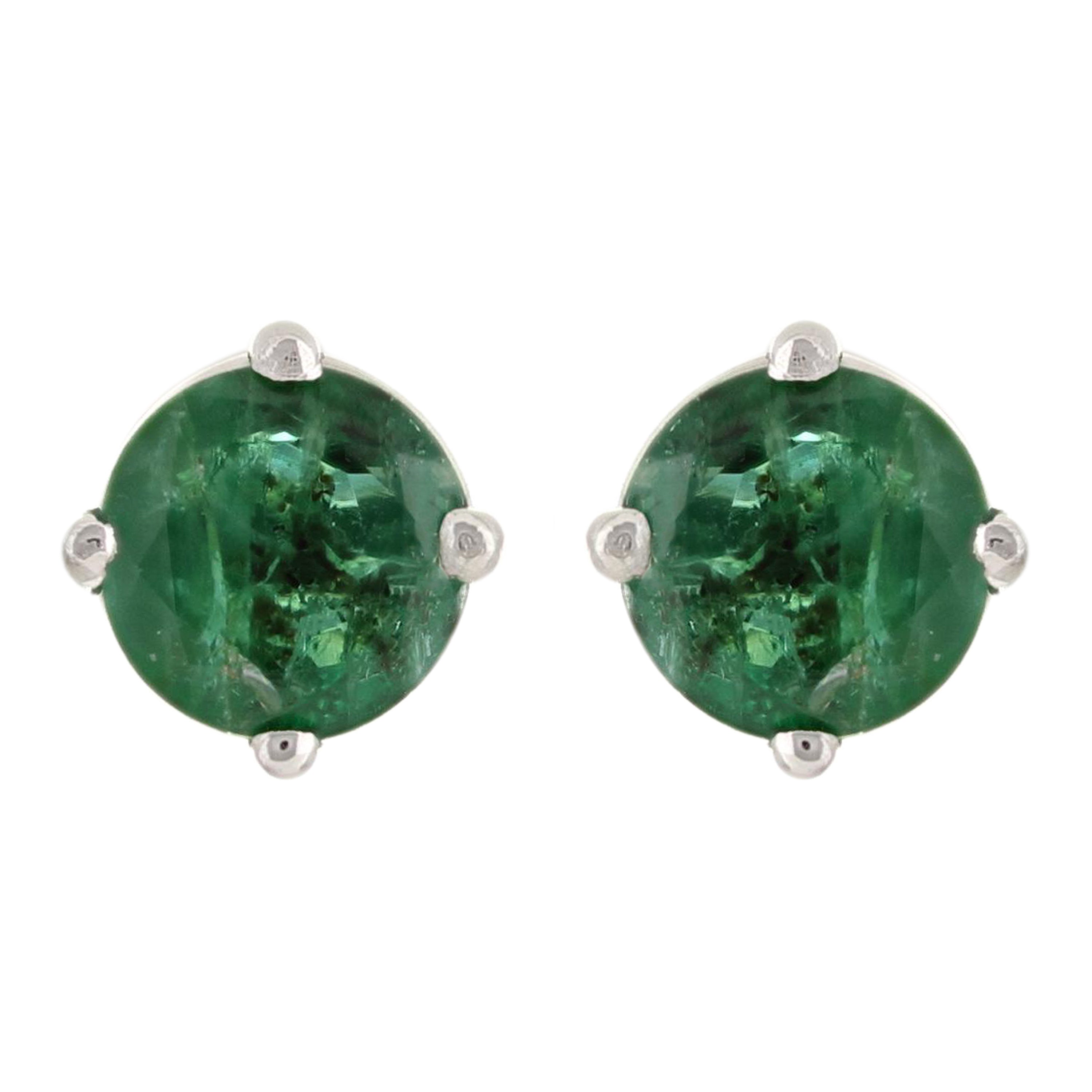 14k White Gold Emerald Solitaire Stud Earrings