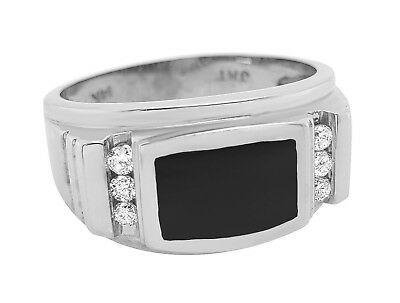 14k White Gold Solid Rectangle Black Onyx Ring with Round Diamonds Size 10.5