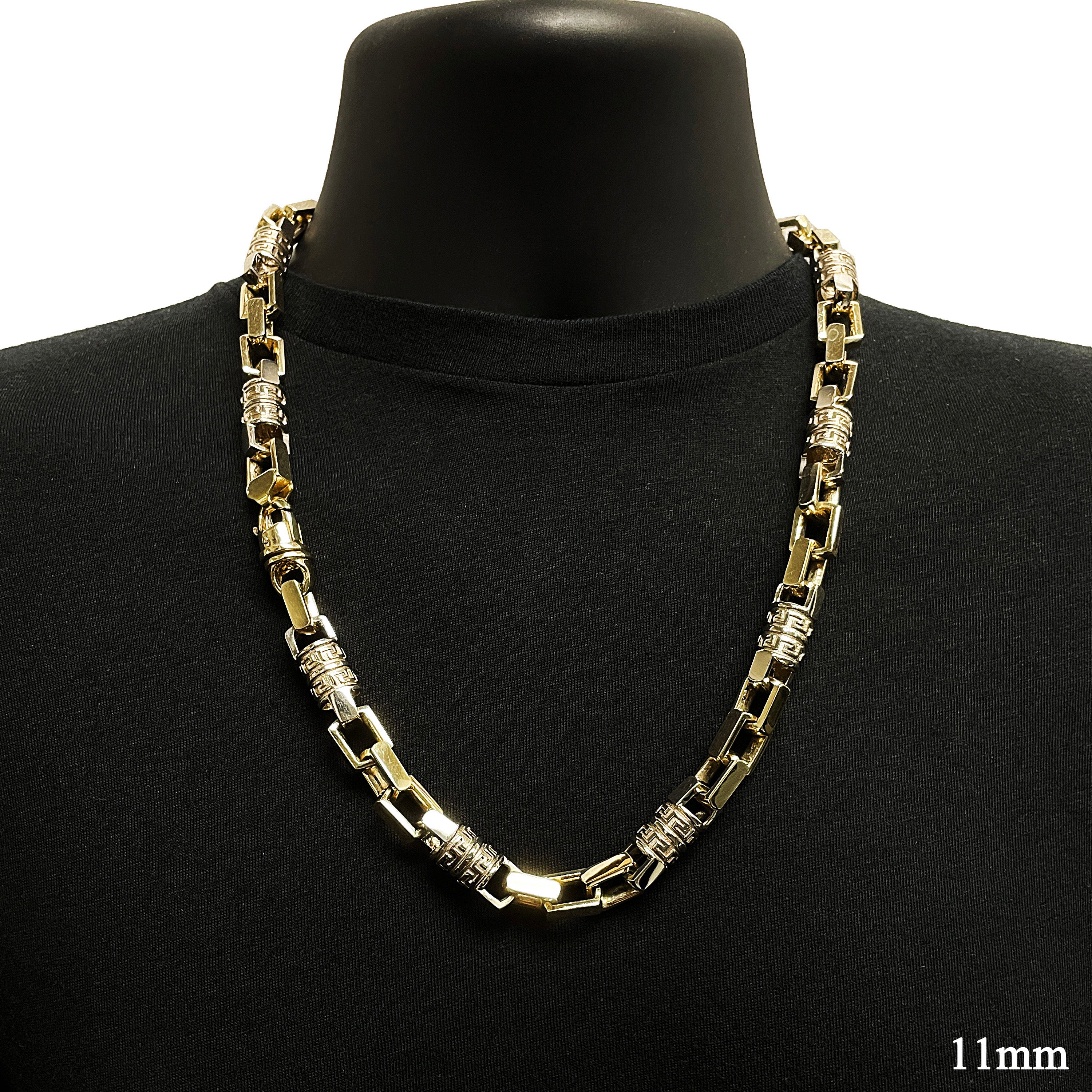 10k Two Tone Gold Solid Handmade Greek Key Link Necklace 11mm 24" 245.1 grams - 24" 245.1 grams