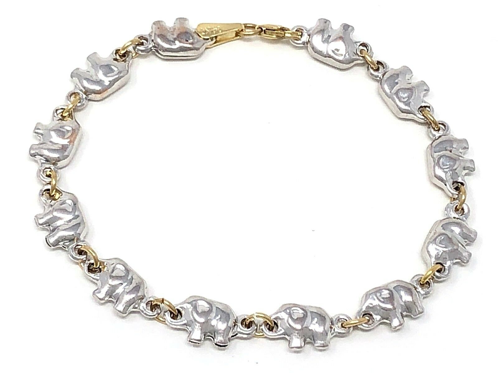 Italian 14k Two Tone Gold Hollow Charm Elephant Bracelet 6.8" 6.7mm 6.6 grams