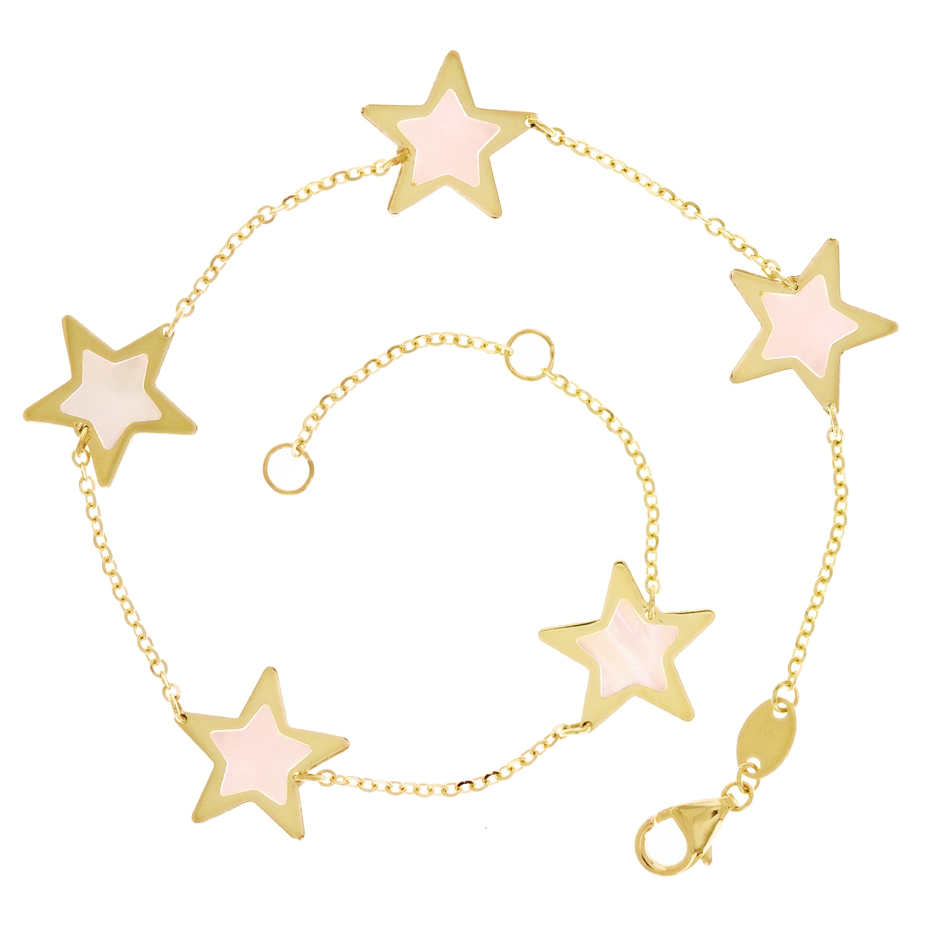 Italian 14k Yellow Gold Pearl Star Charm Station Bracelet 7.5" 11mm 2.5 grams