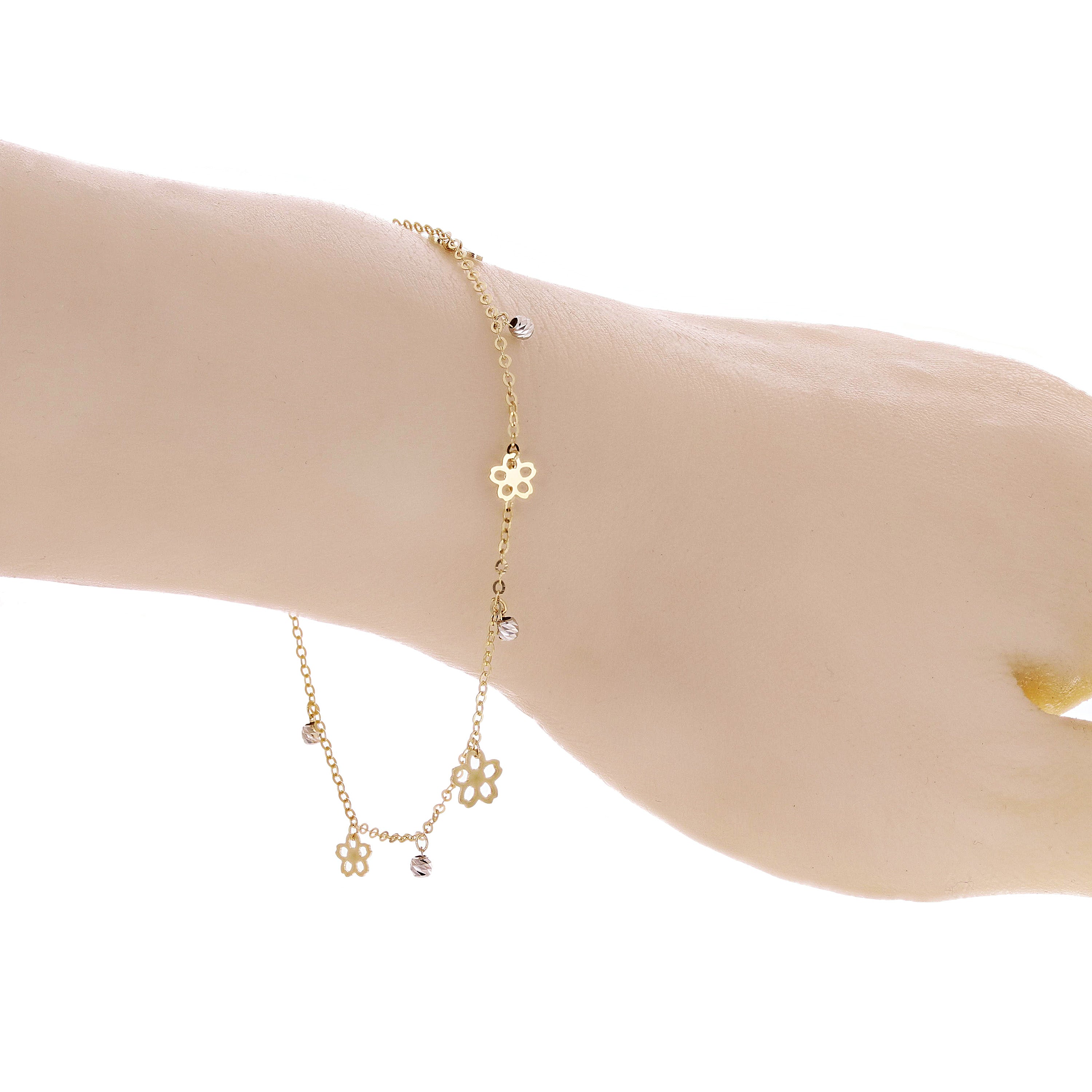 Italian 14k Two Tone Gold Flower & Ball Beads Charm Anklet/Bracelet 10" 1.9grams - Yellow and White