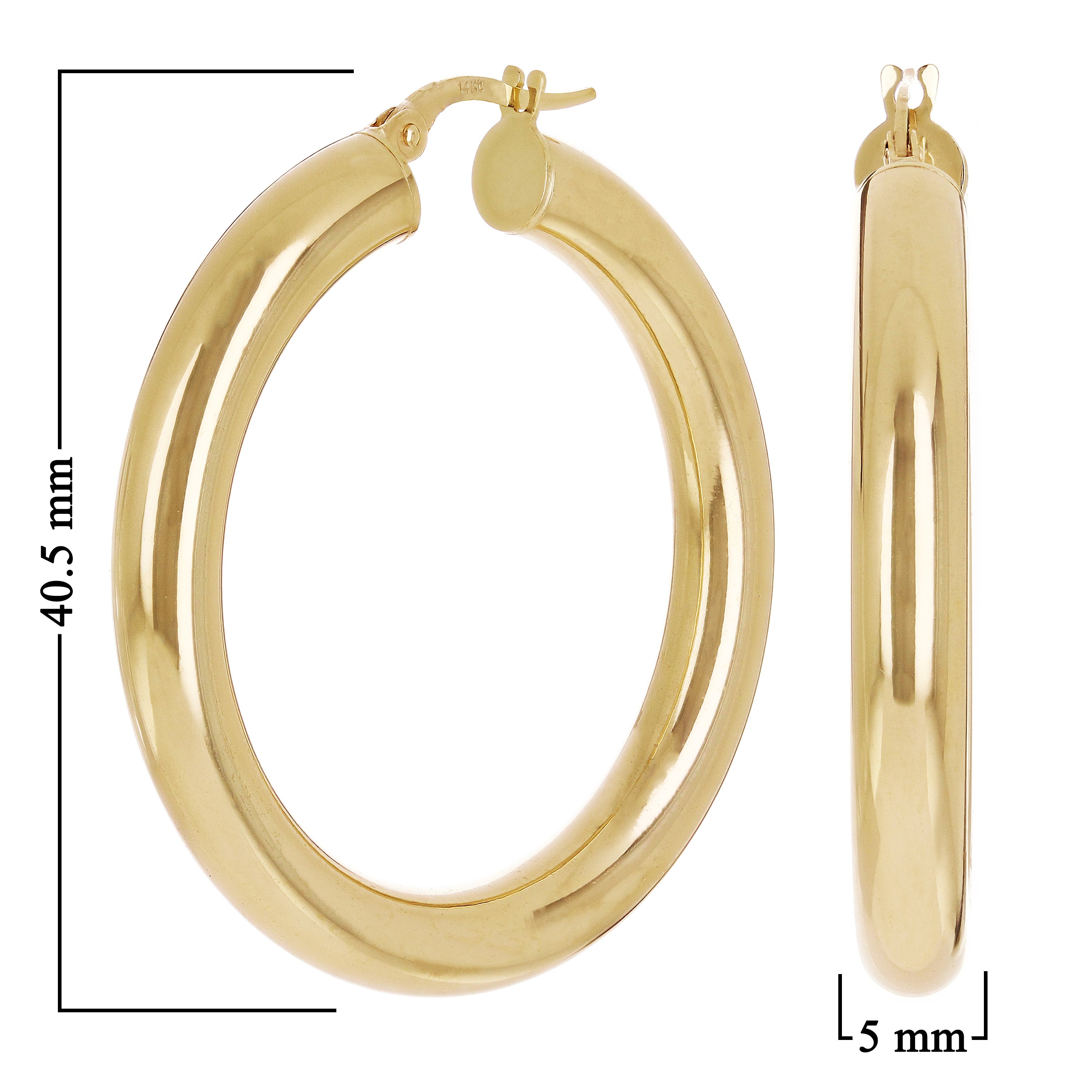 Italian 14k Yellow Gold High Polished 1.6" 5mm Diameter Round Hoop Earrings 6.2g