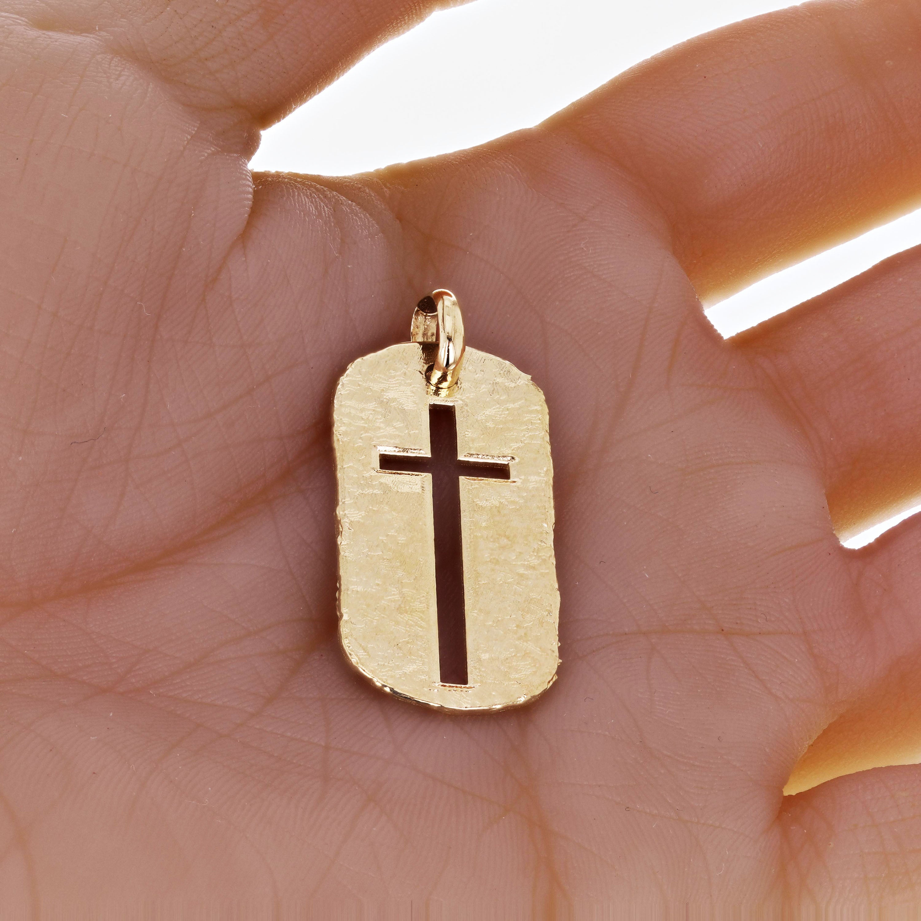 14k Yellow Gold Hammered Finish Oval Cut-Out Cross Charm Pendant 1.6" 6.8 grams