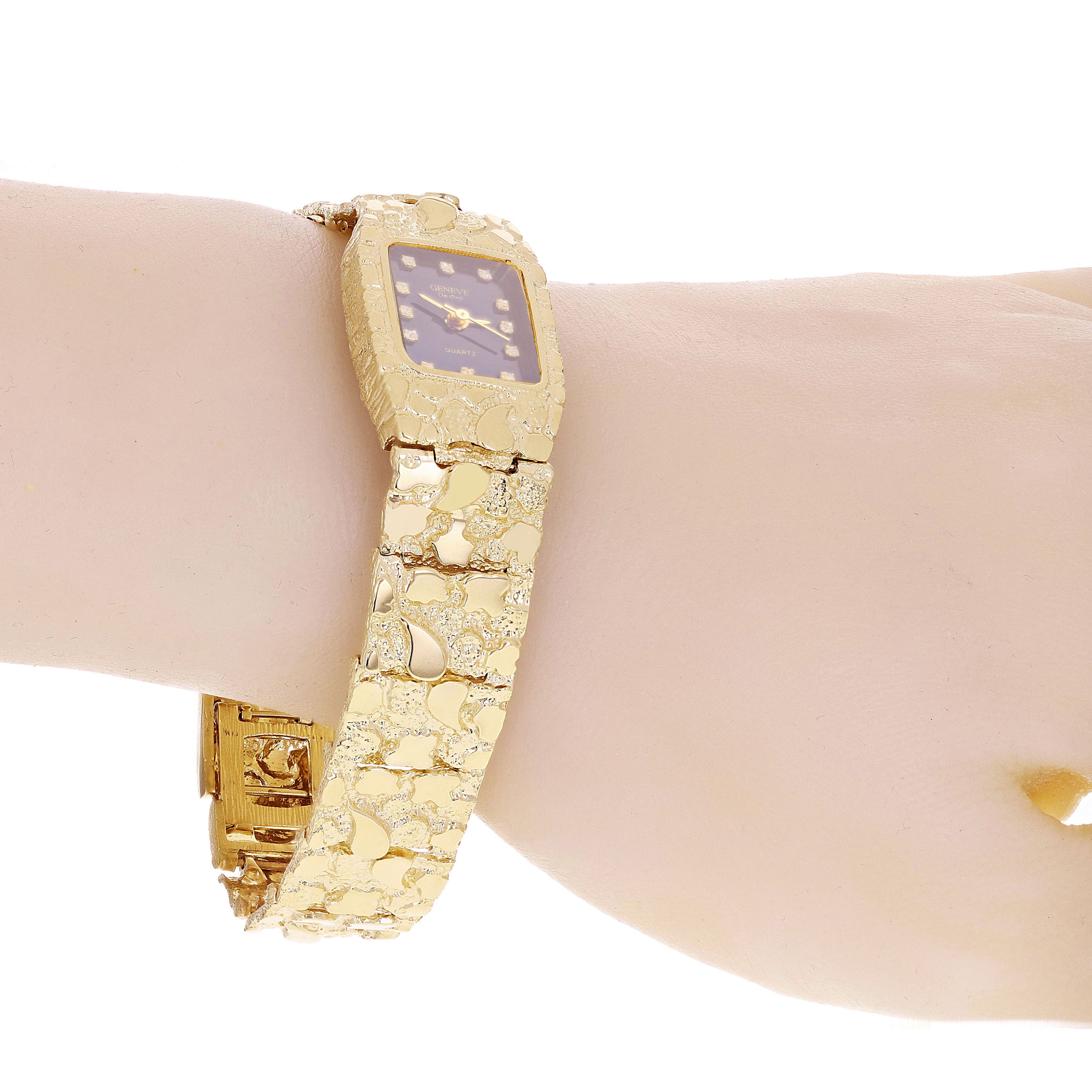Women's 10k Yellow Gold Nugget Link Bracelet Geneve Watch with Diamonds 6.5-7" - Black Faceplate 7" 37.4 grams