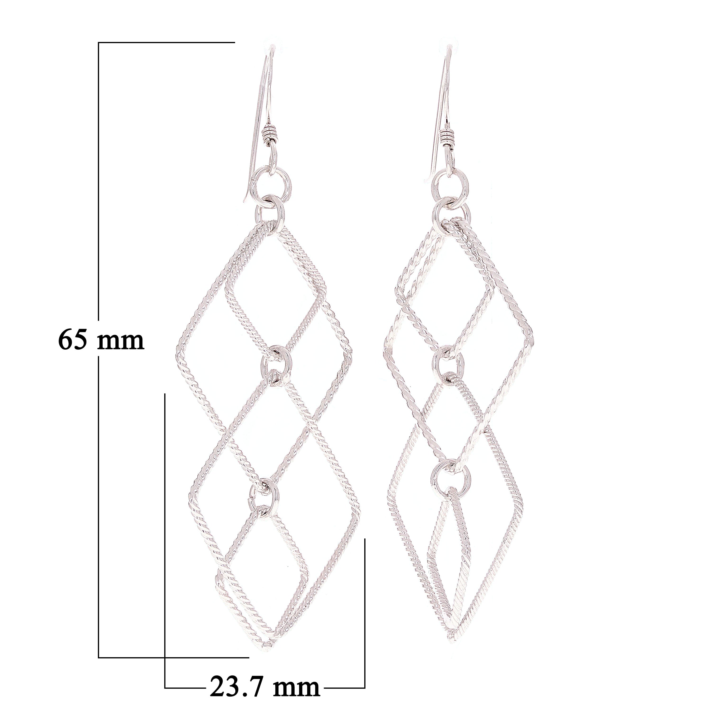 Sterling Silver Diamond-Shaped Link Long Dangle Earrings 2.7"