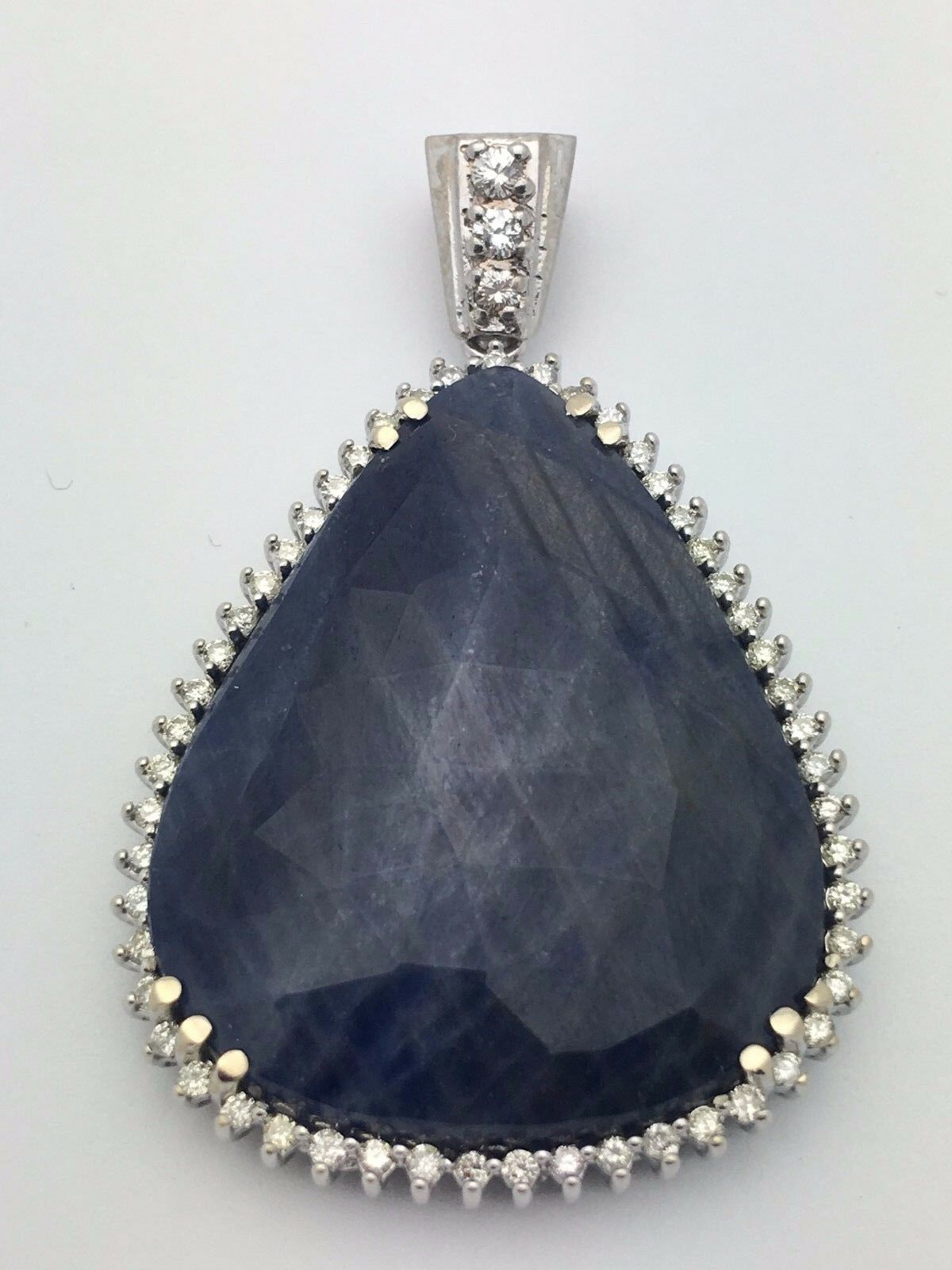 14k White Gold Tear Drop/Pear Shape Blue Sapphire with Diamond Accent Pendant