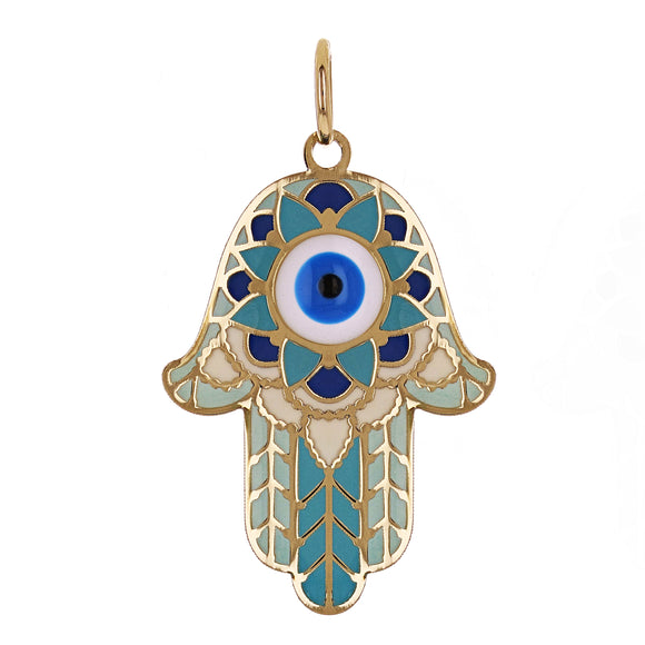 Italian 14k Yellow Gold Blue Enamel Hamsa Hand Charm Pendant 1.2