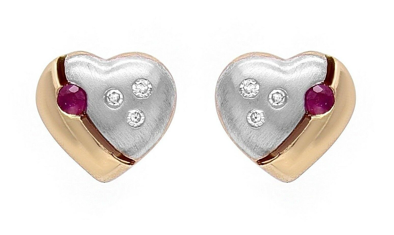 10k Two Tone Gold Heart Earrings Round Ruby & Diamonds Stud Earrings