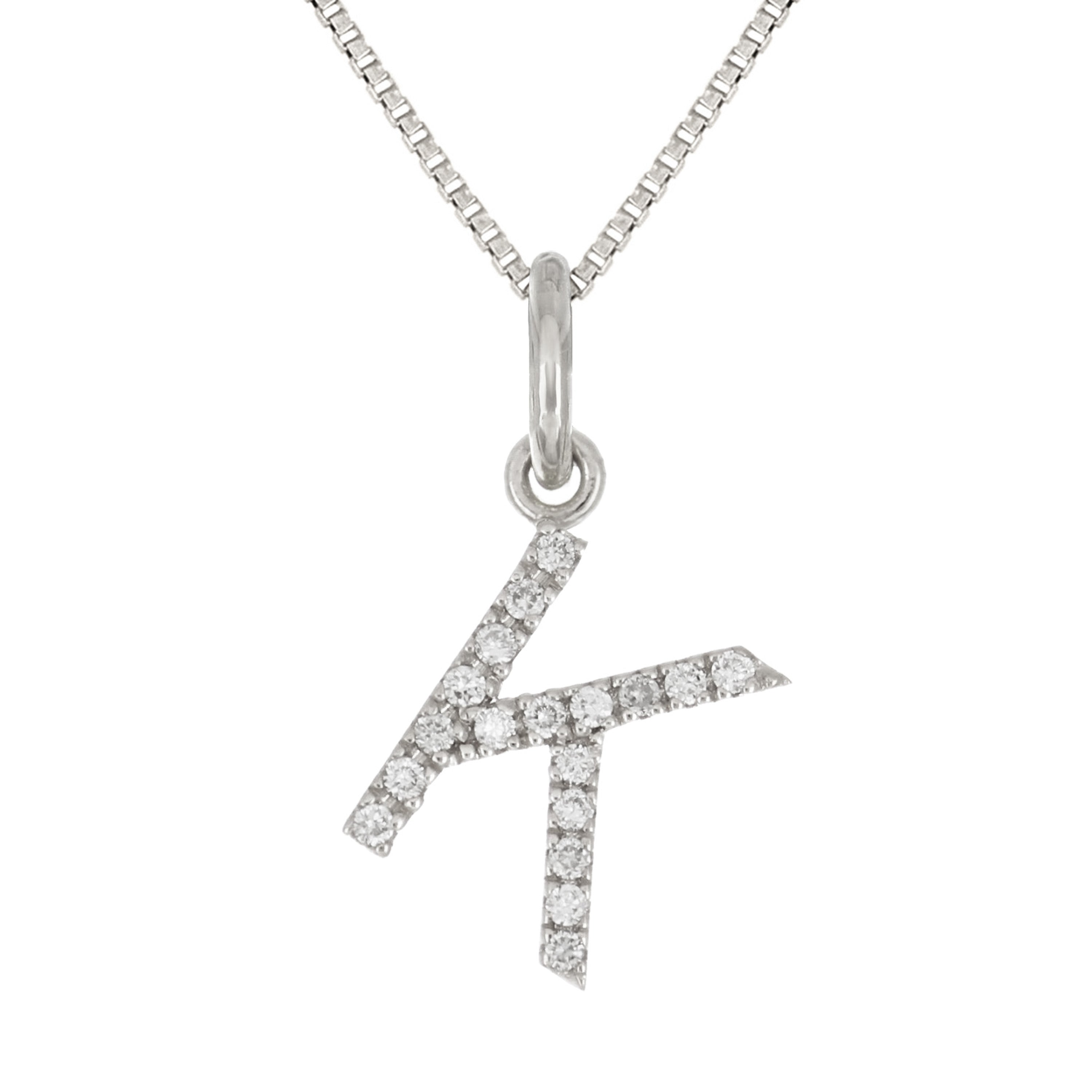 14k White Gold Diamond Initial Letter K Charm Pendant Necklace 18" - Letter K,White