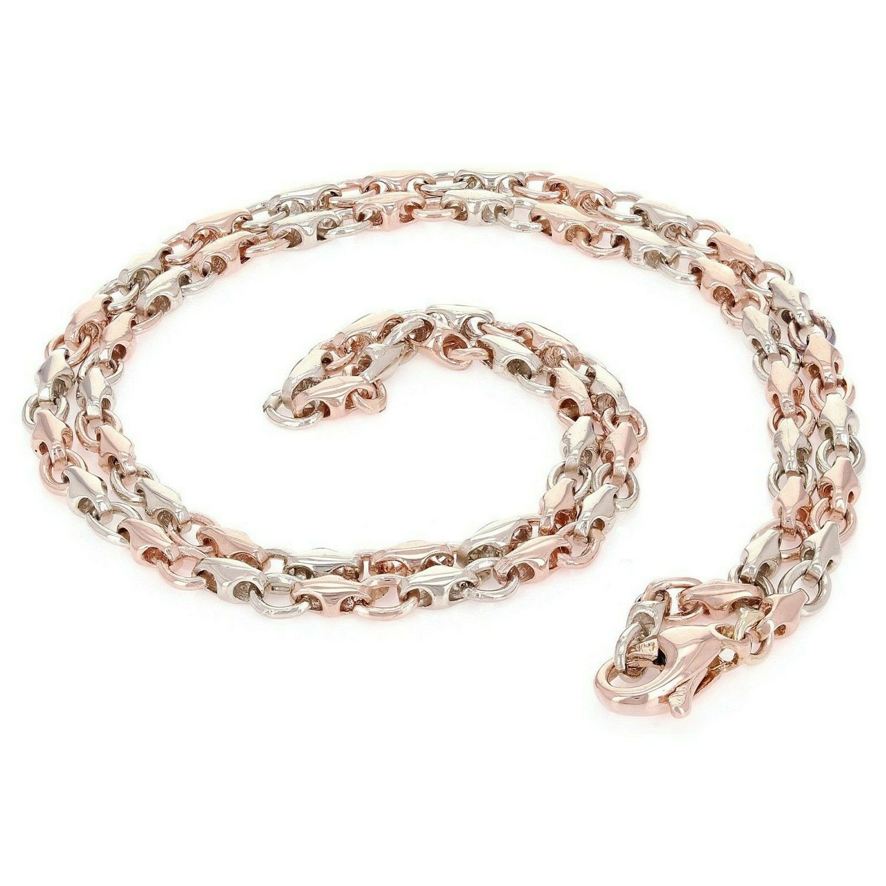 10k White & Rose Gold Solid Handmade Fashion Link Necklace 28" 4mm 32.9 grams - White and Rose,28" 32.9 grams
