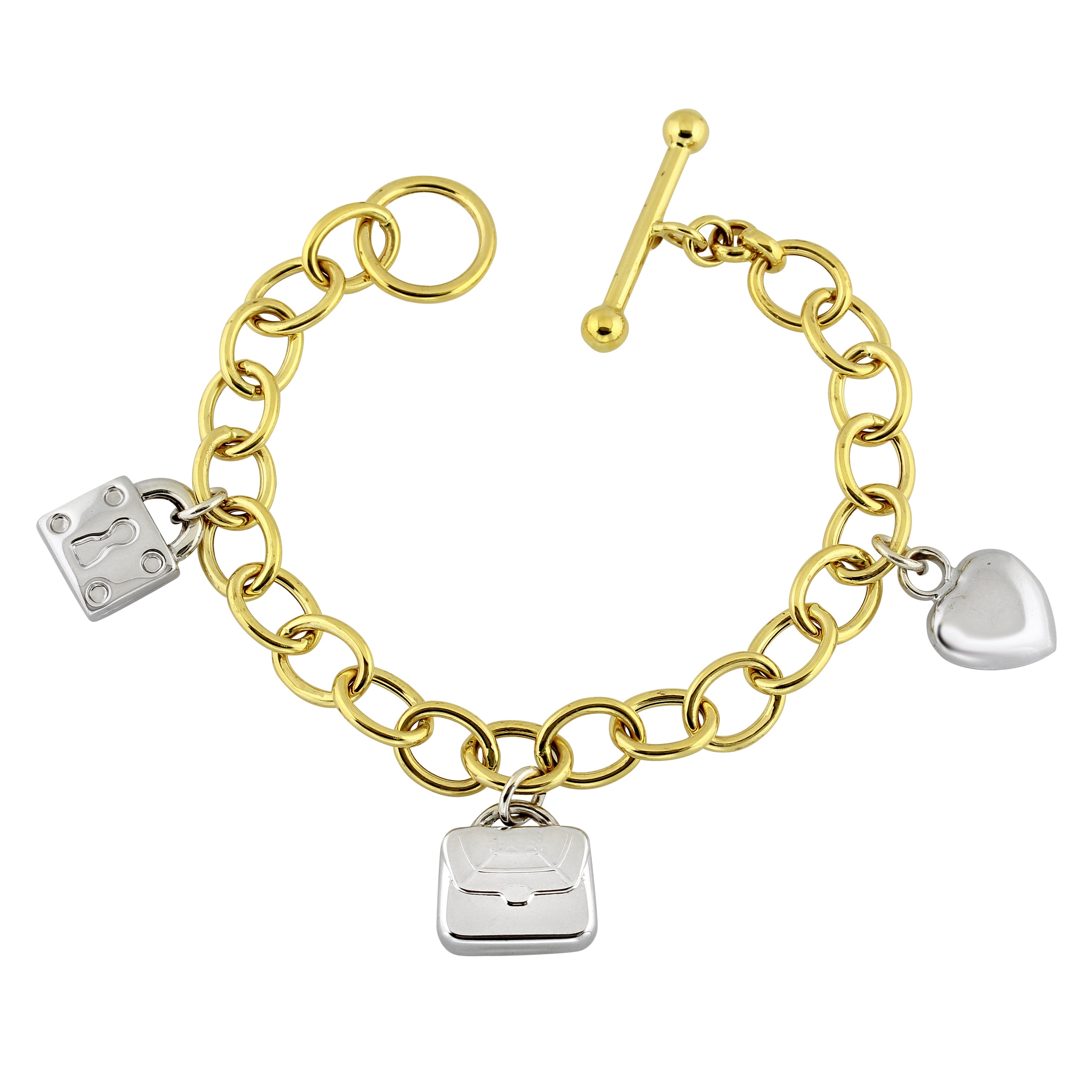 14k Yellow & White Gold Heart Bag Lock Charm Bracelet 8" 15.3 grams