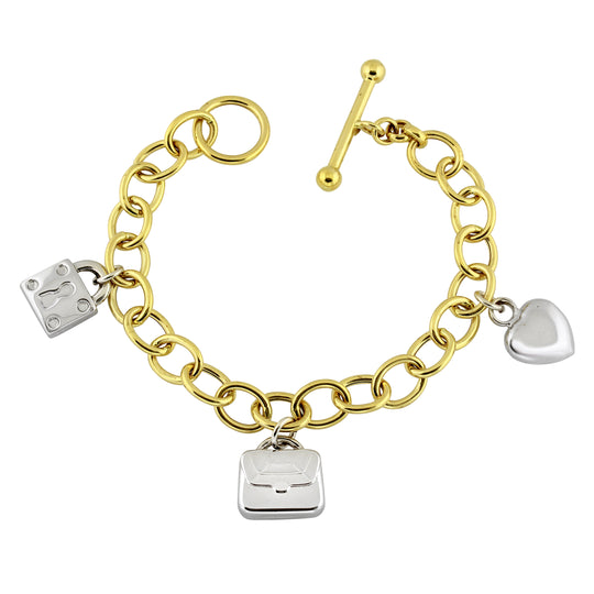 14k Yellow White Gold Heart Bag Lock Charm Bracelet 8 15.3 grams