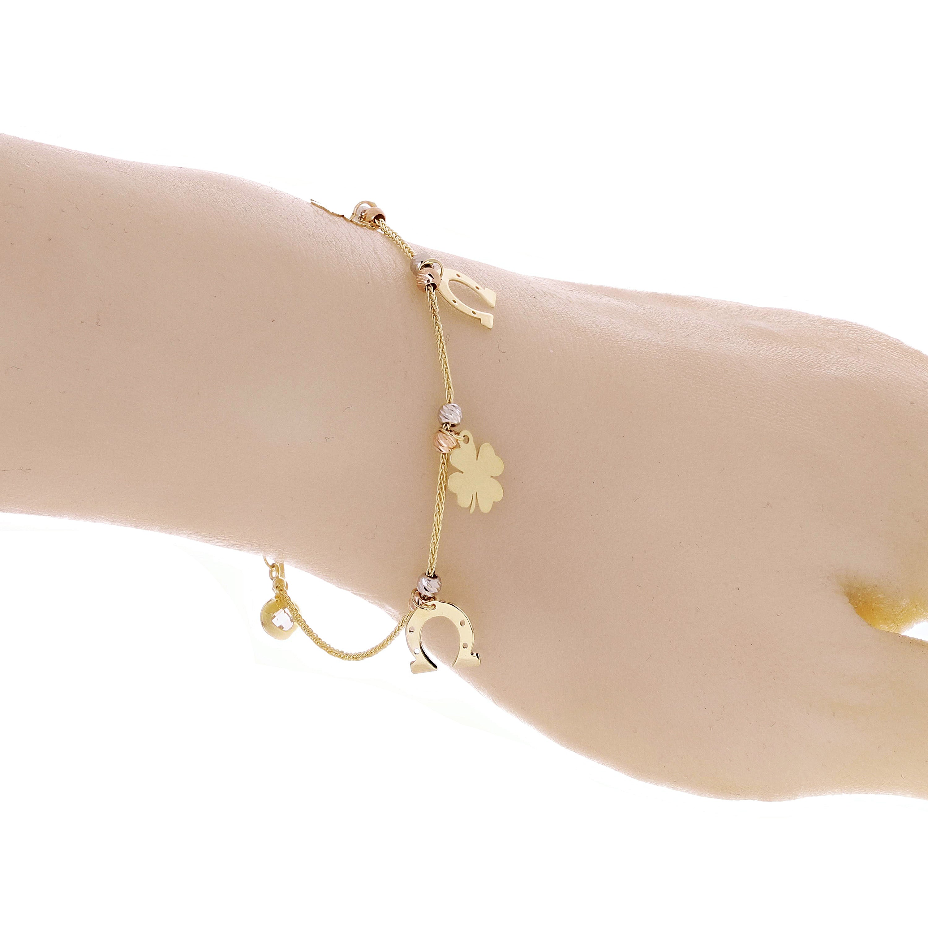 Italian 14k Tri Color Gold Four Leaf Clover & Horse Shoe Charm Bracelet 7" 3g