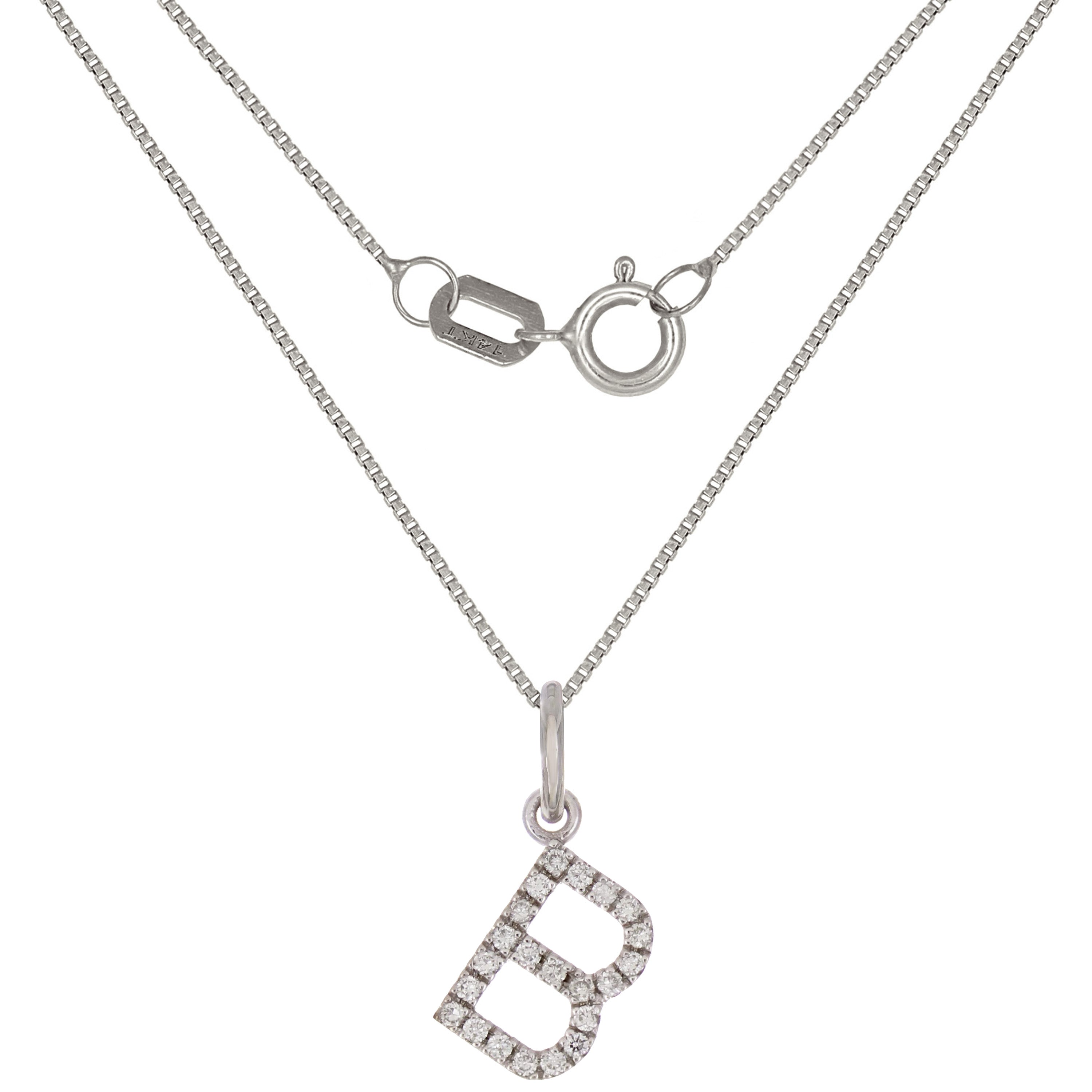14k White Gold Diamond Initial Letter B Charm Pendant Necklace 18" - Letter B,White