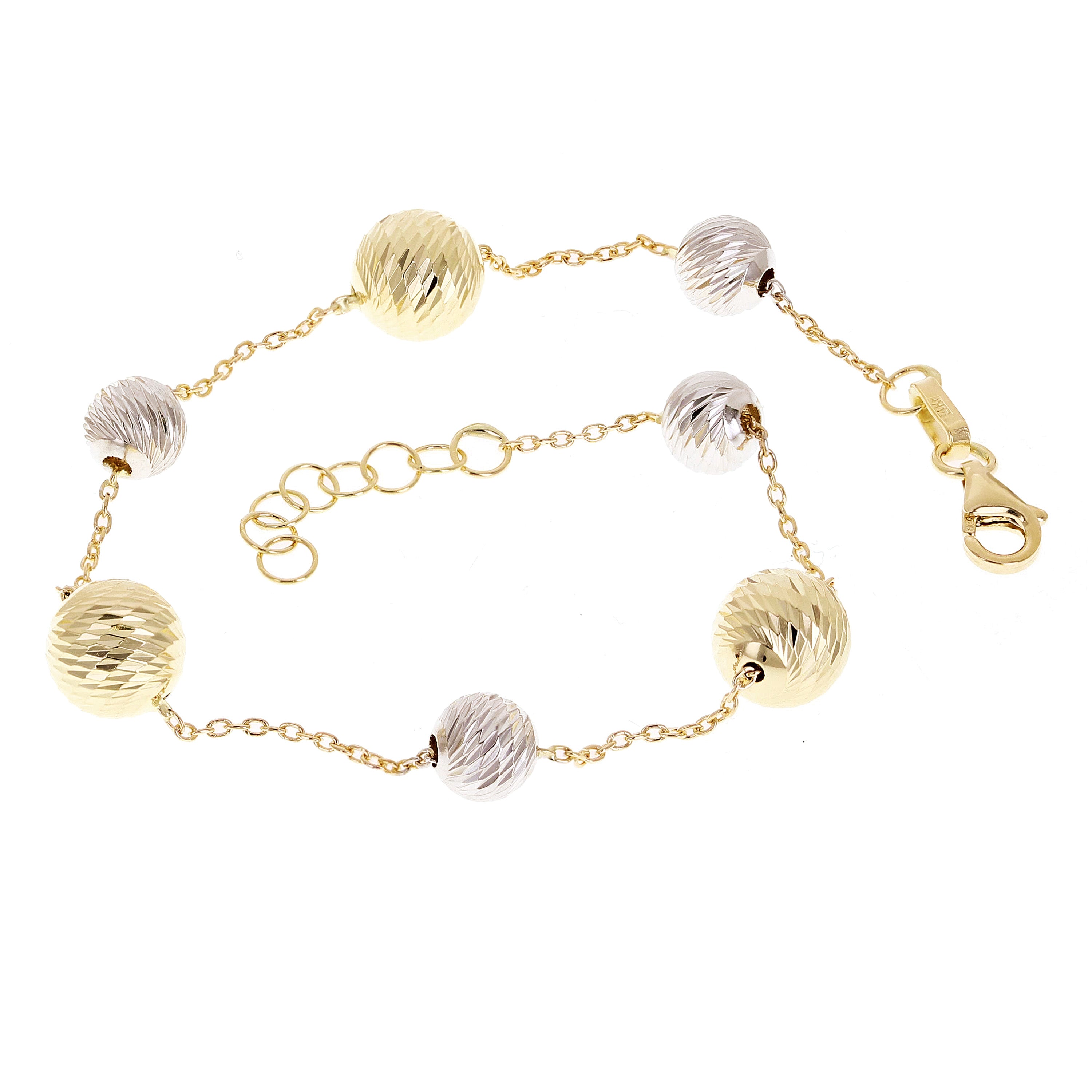 Italian 14k Two-Tone Gold Diamond Cut Ball Bead Station Bracelet 8.5" 6mm & 8mm - 8.5" 8mm