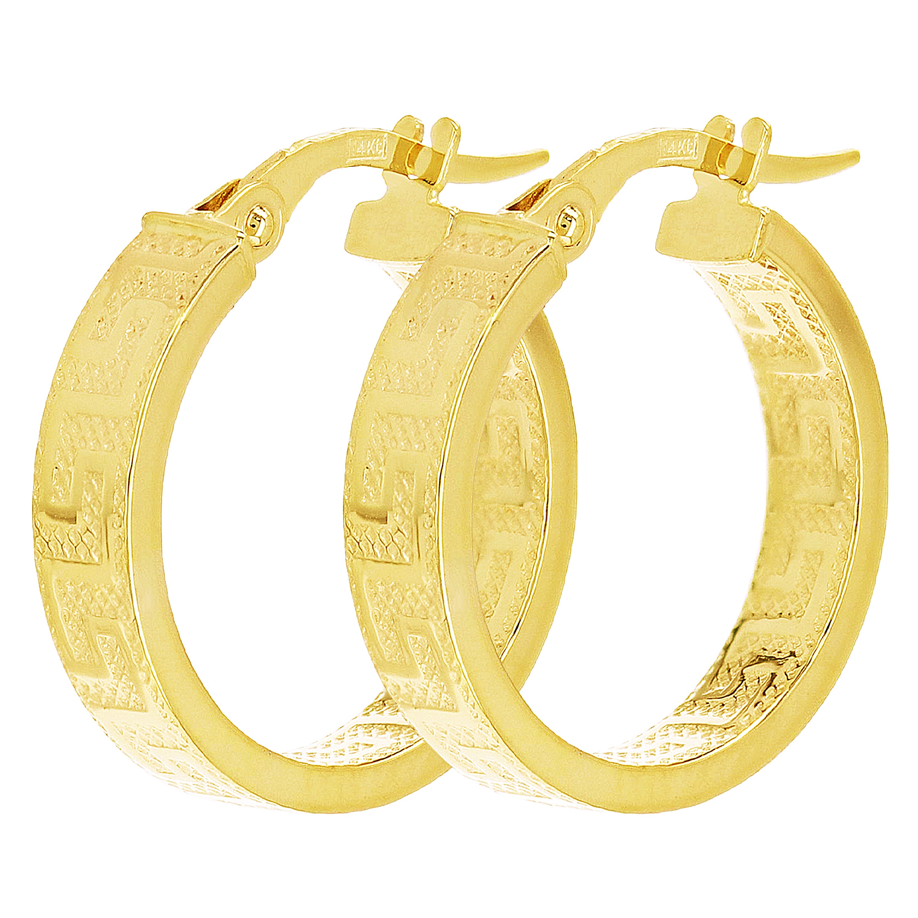 Italian 14k Yellow Gold Hollow Greek Key Hollow Hoop Earrings 19mmx4mm 1.9 grams