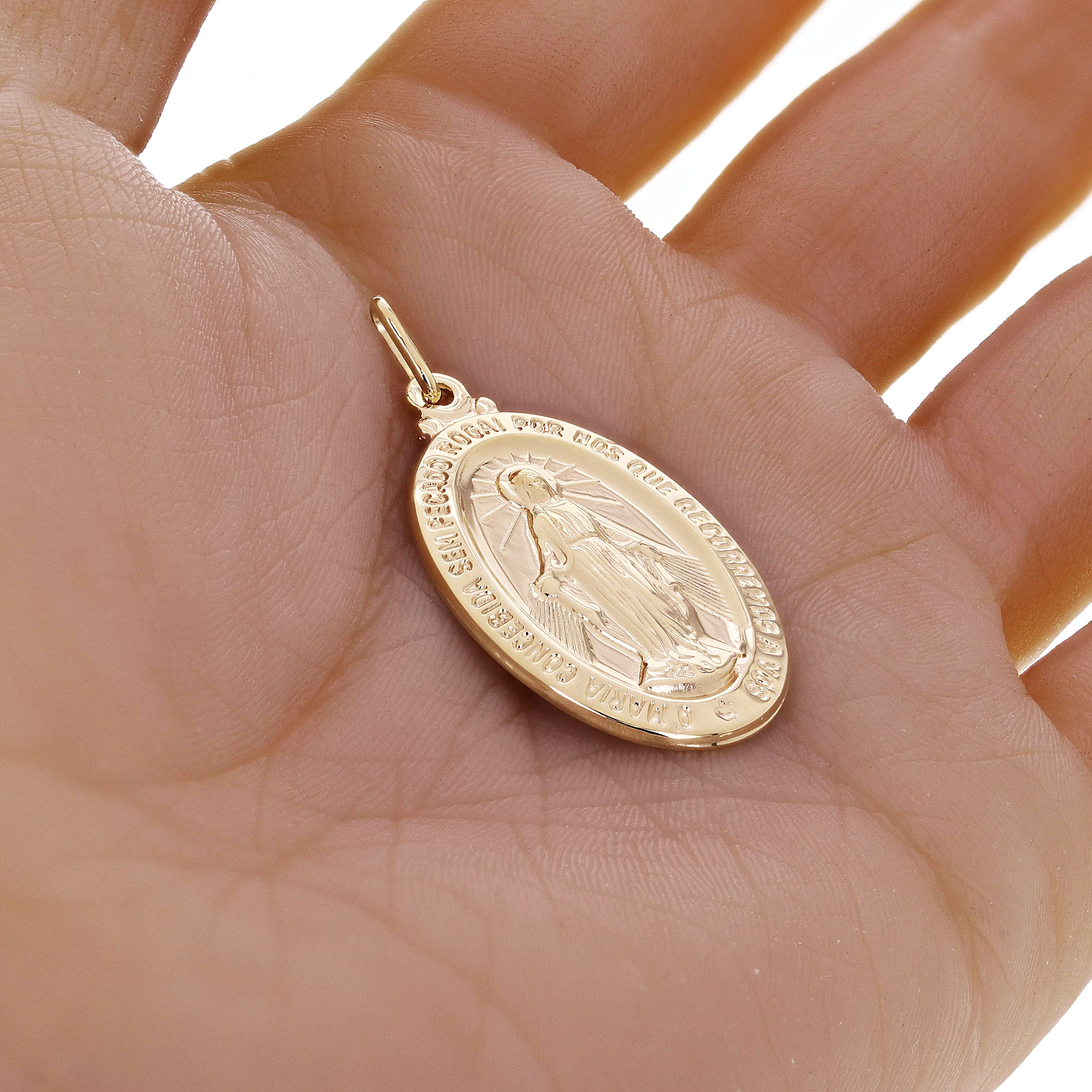 14K Gold Mary Mother of God Miraculous Medal with Words Oval Medal Pendant 4g.