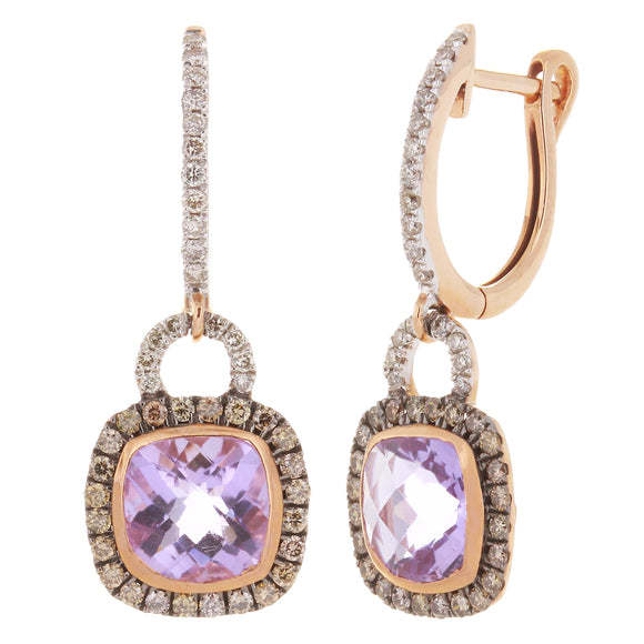 14k Rose Gold 0.65ctw Amethyst, Brown & White Diamond Dangle Hoop Earrings