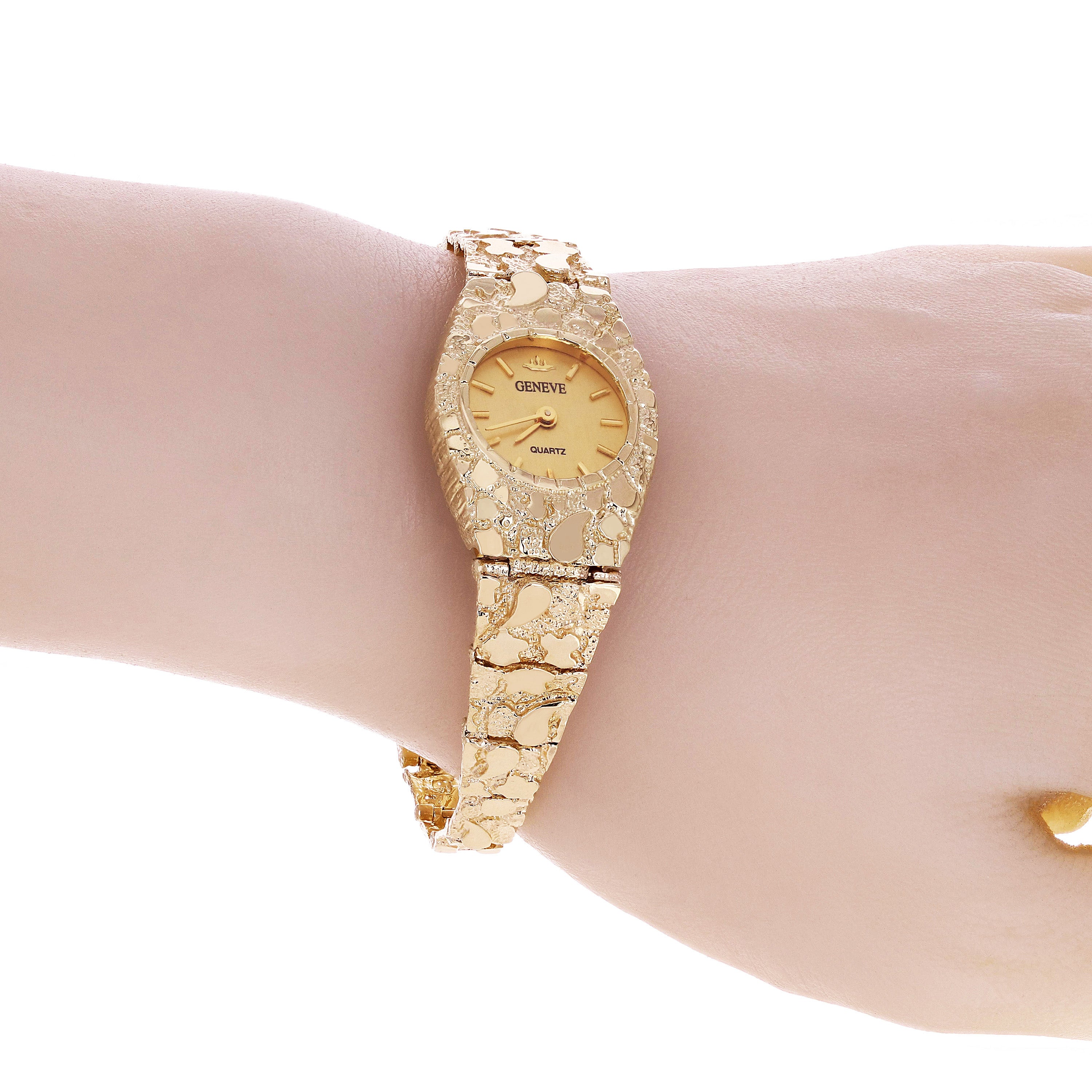 Women's 14k Yellow Gold Nugget Link Bracelet Geneve Wrist Watch 8" 33.3 grams