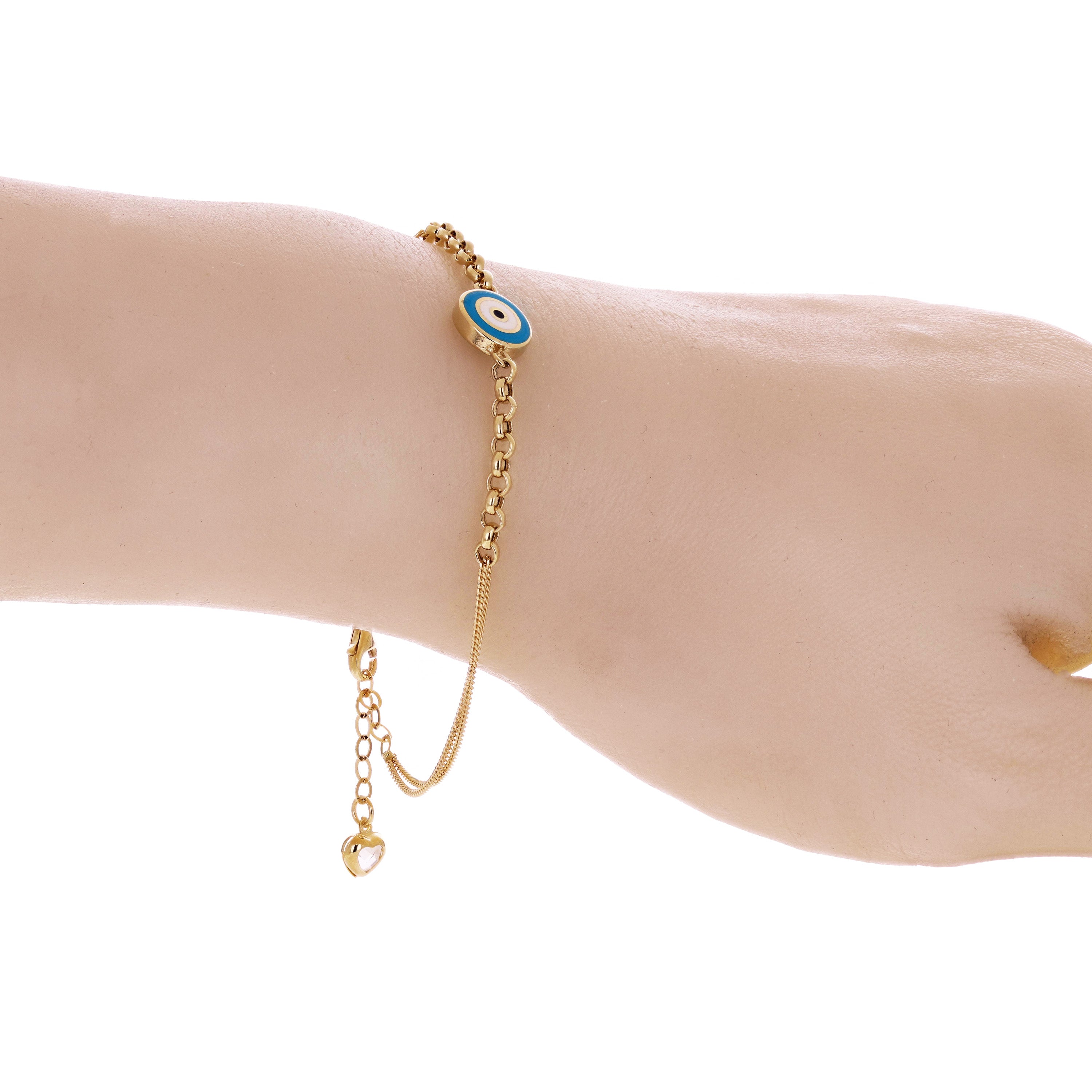 Italian 14k Yellow Gold Double Cuban Chain Evil Eye Charm Bracelet 7.5" 3 grams