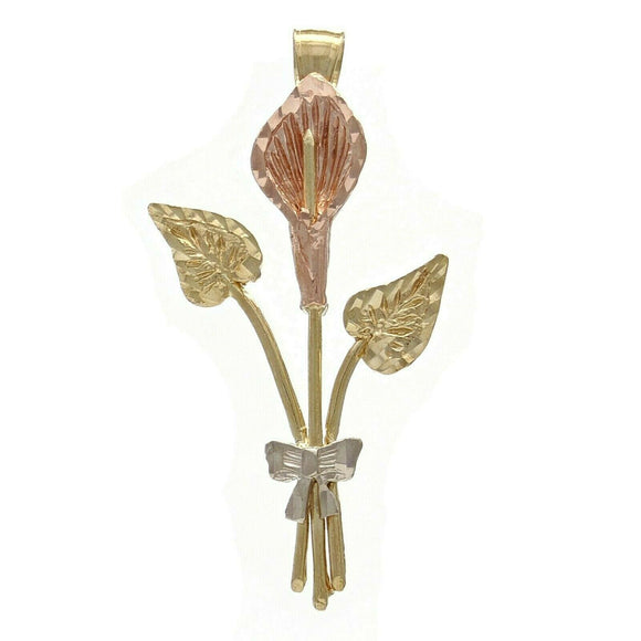 14k Tri Color Gold Anturio Flamingo Anthurium Flower Charm Pendant 2.5 grams