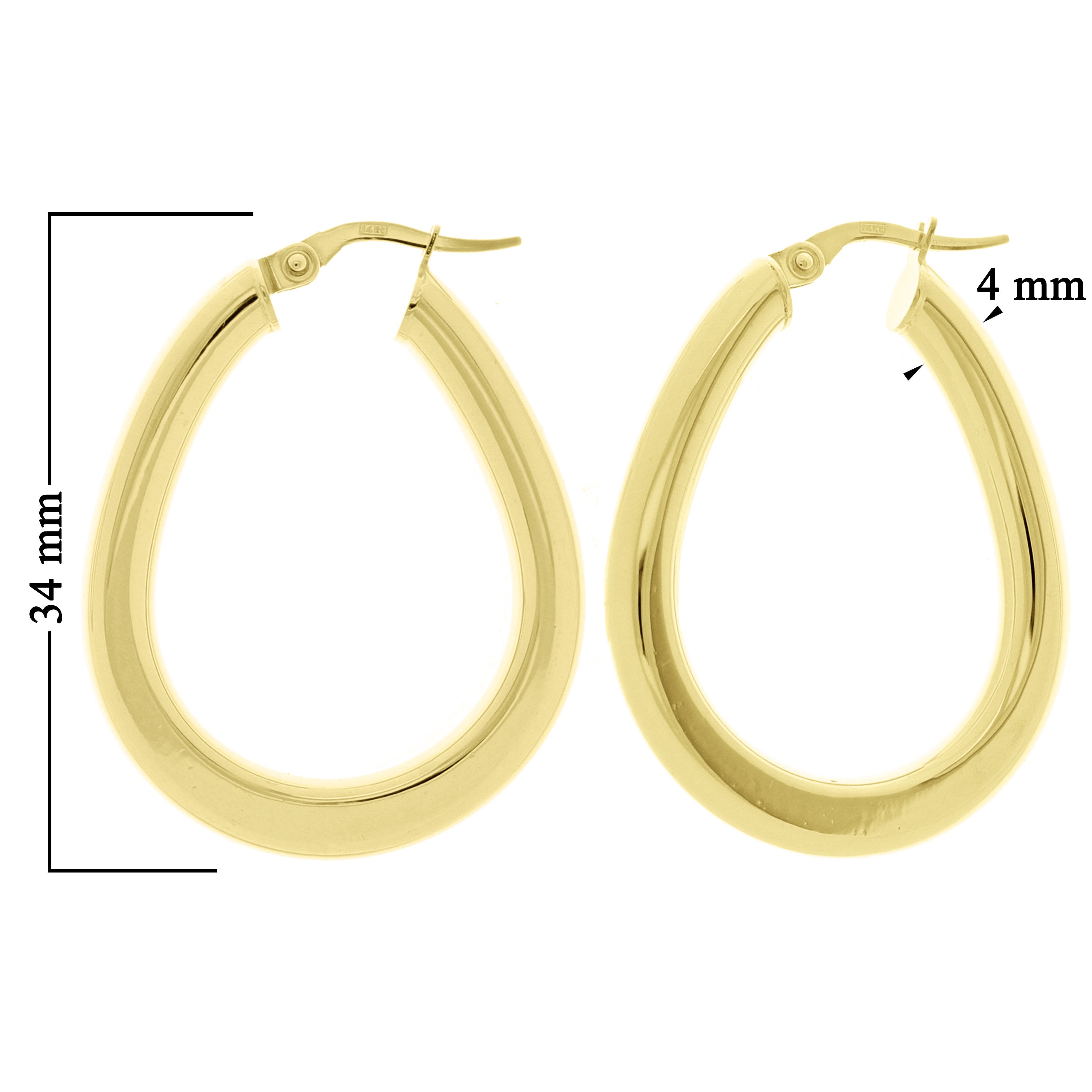Italian 14k Yellow Gold Flat Tube Tear Drop Hoop Earrings 1.3" 4mm 3.1 grams
