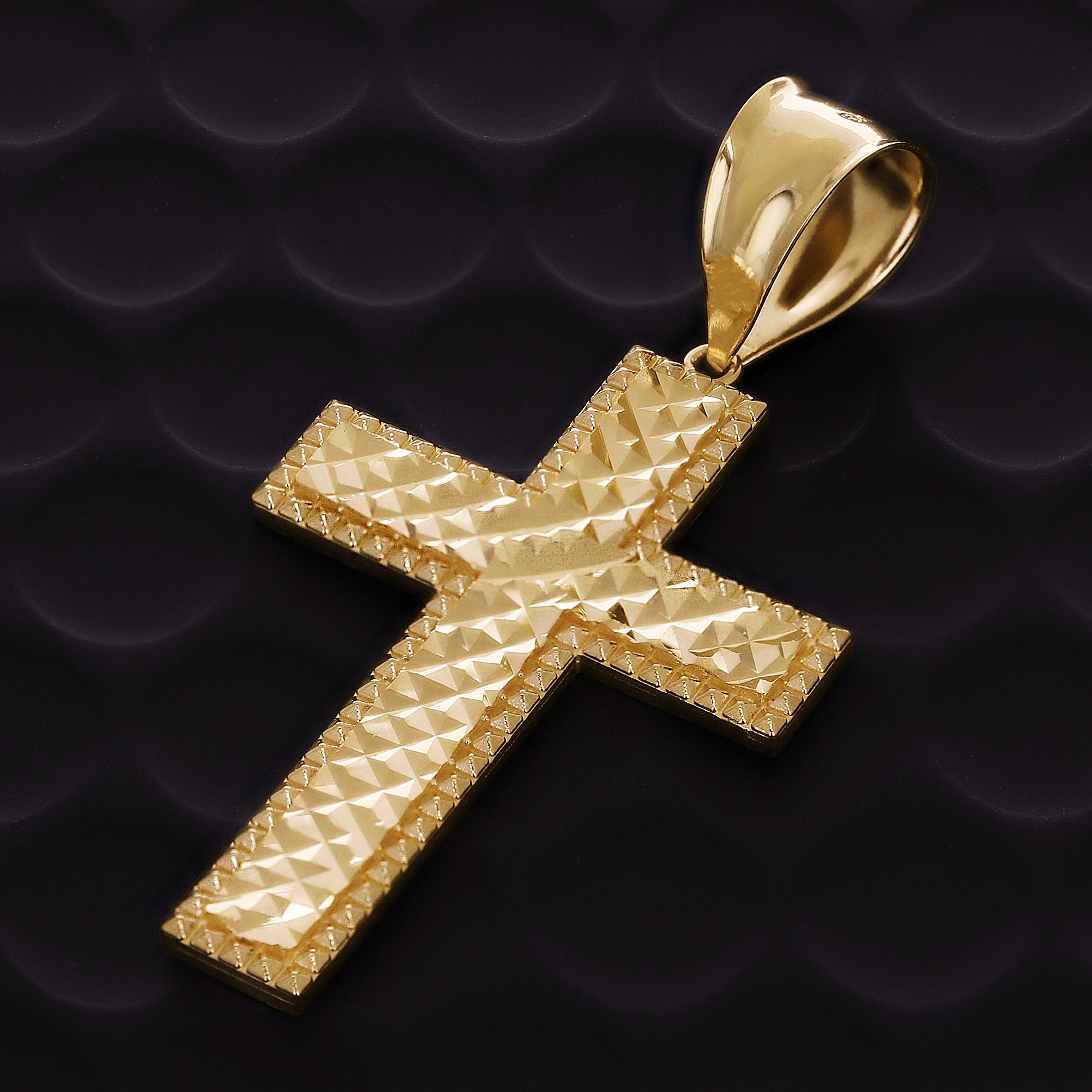 14k Yellow Gold Solid Diamond Cut Cross Charm Pendant 2.2" 7.9 grams