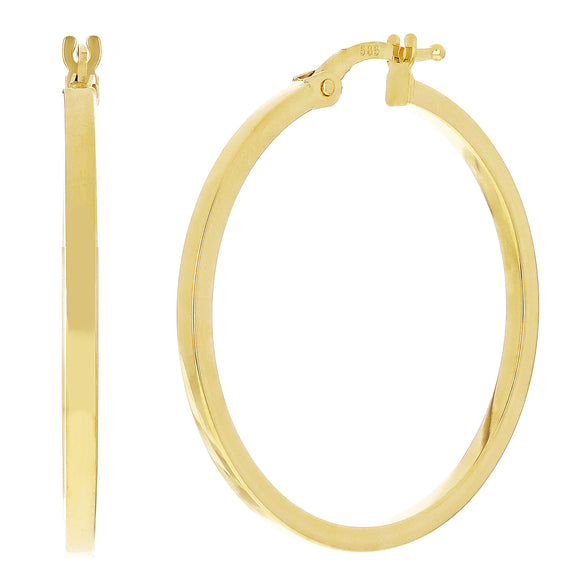 Italian 14k Yellow Gold Flat Tube Hollow Hoop Earrings 1