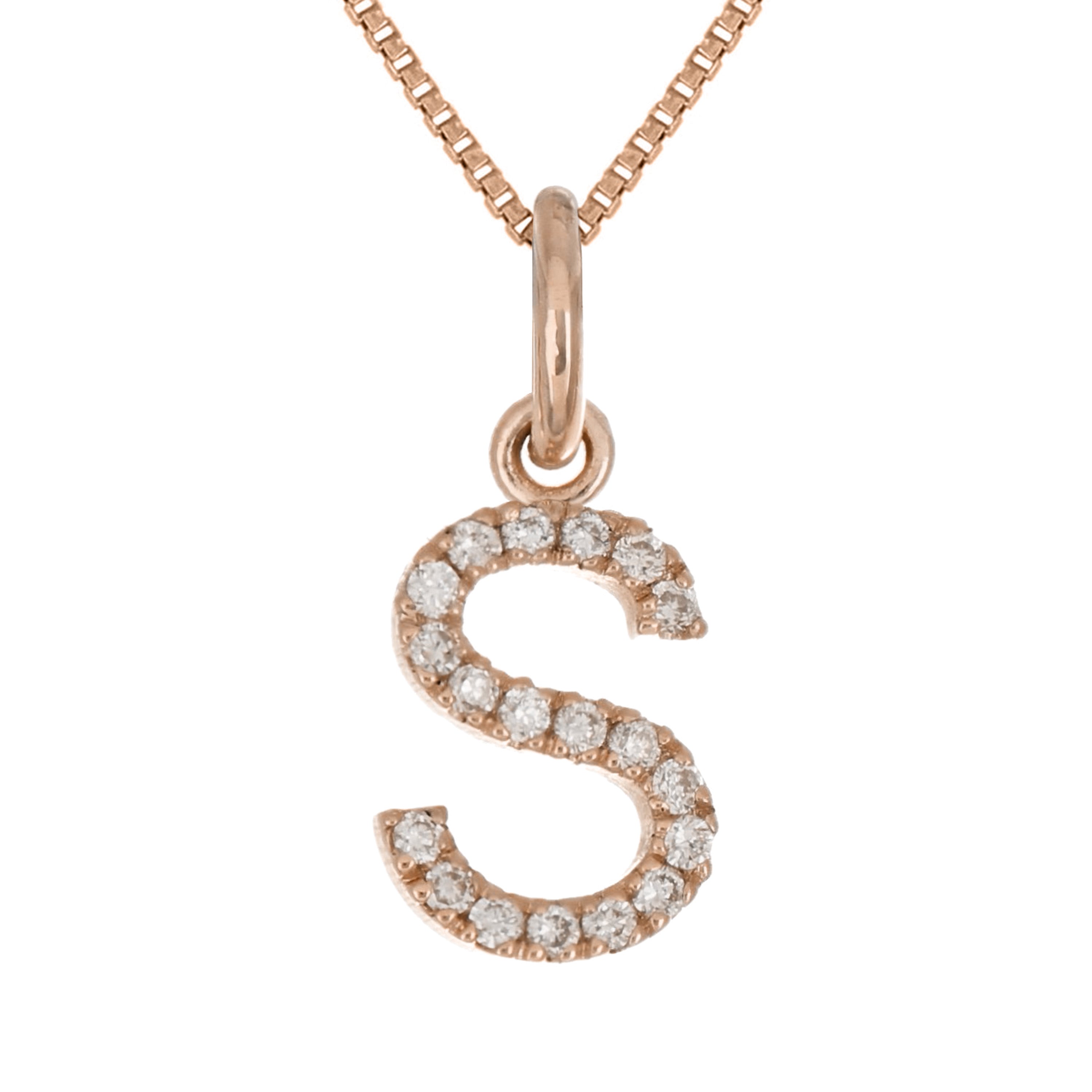 14k Rose Gold Diamond Initial Letter S Charm Pendant Necklace 18" - Letter S,Rose