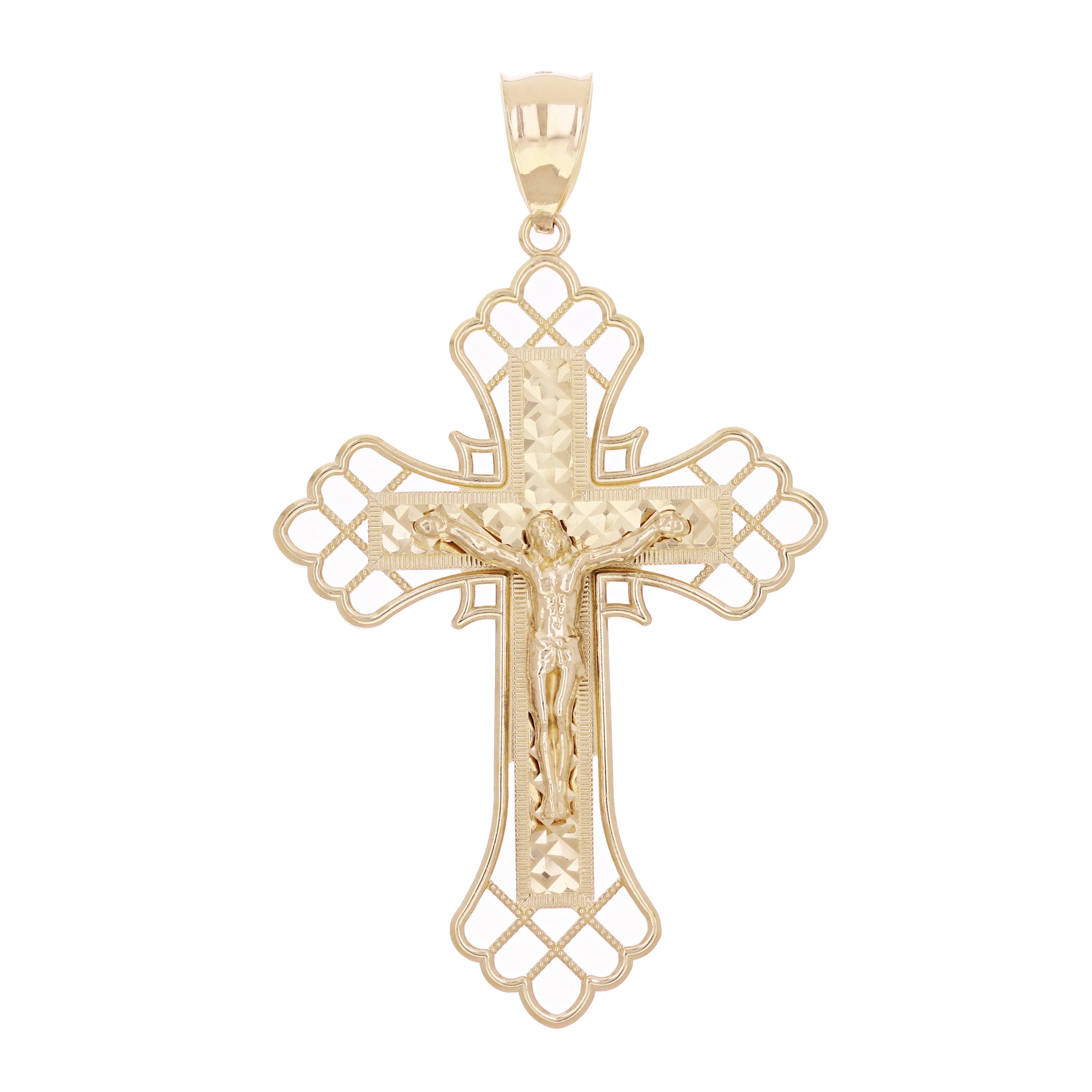 14k Yellow Gold Diamond Cut Jesus Cross Crucifix Pendant 2.5" 6.7 grams