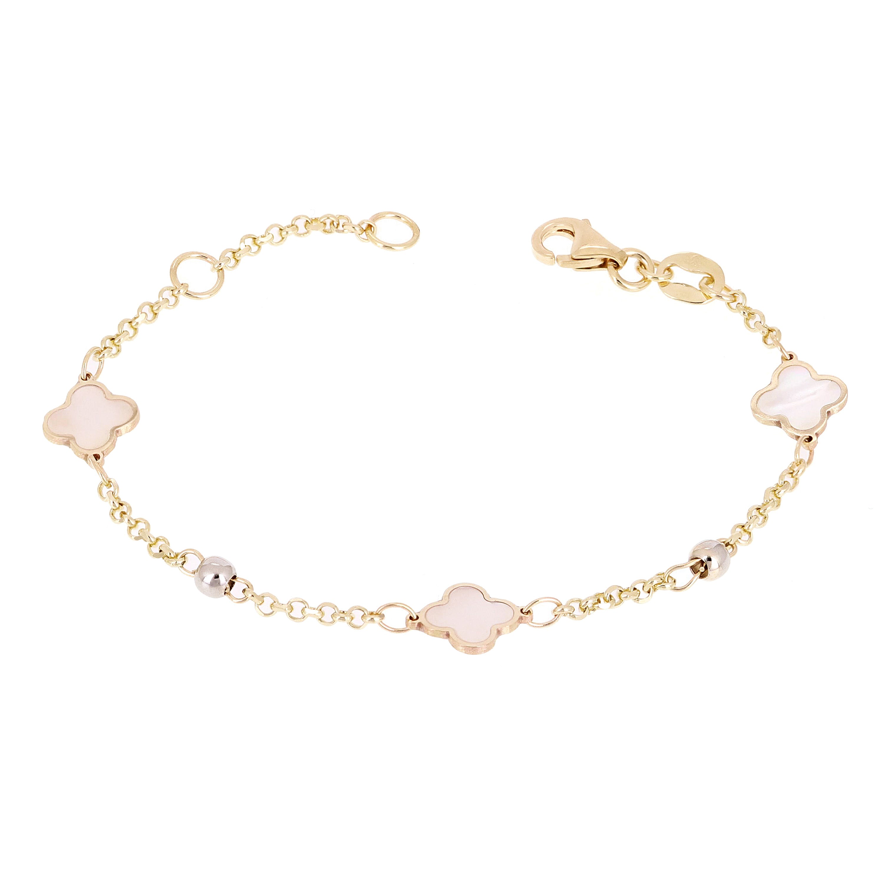 Italian 14k Yellow & White Gold Pearl Clover Leaf Station Bracelet 7" 2 grams