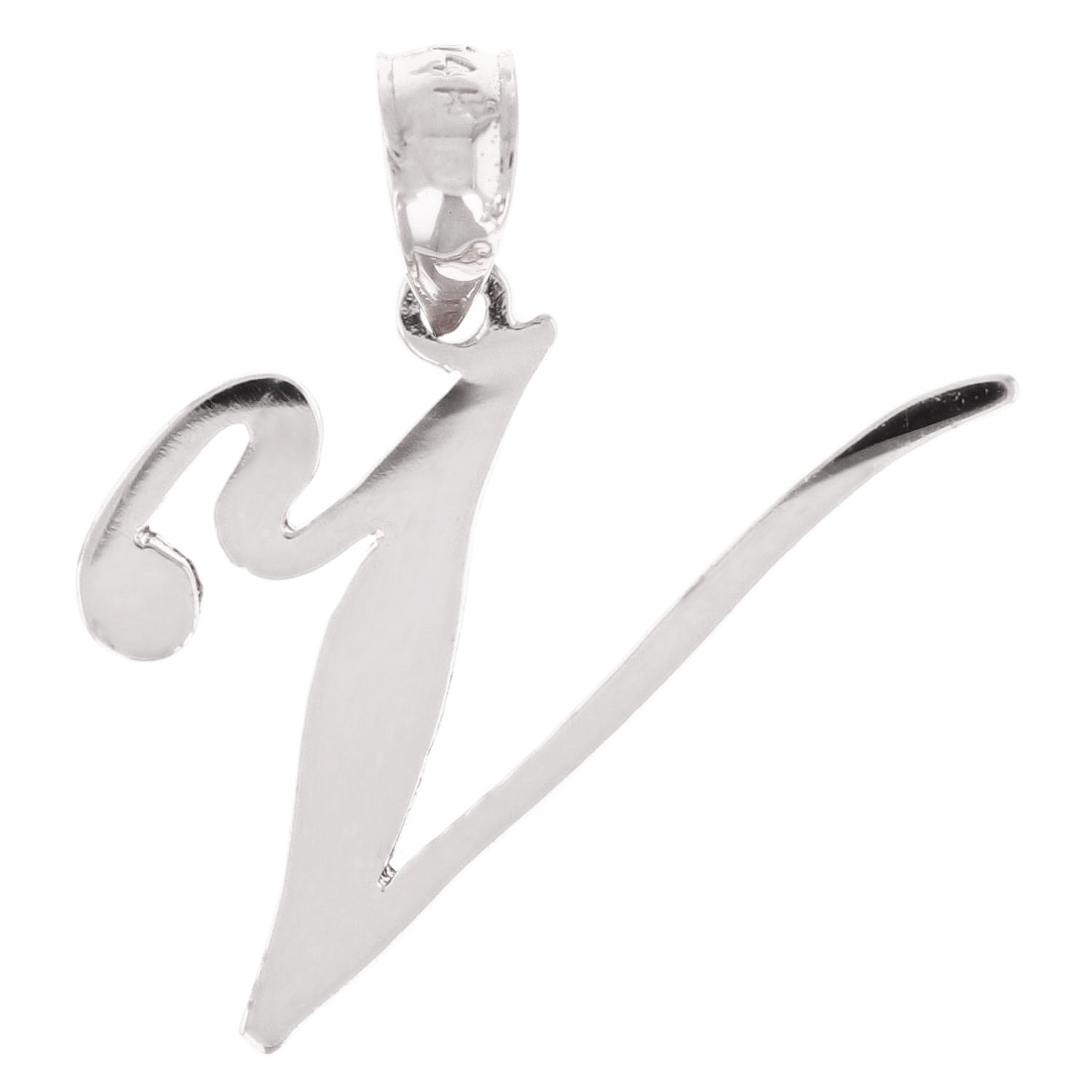 14k White Gold Initial Letter V Alphabet Charm Pendant - Letter V,White