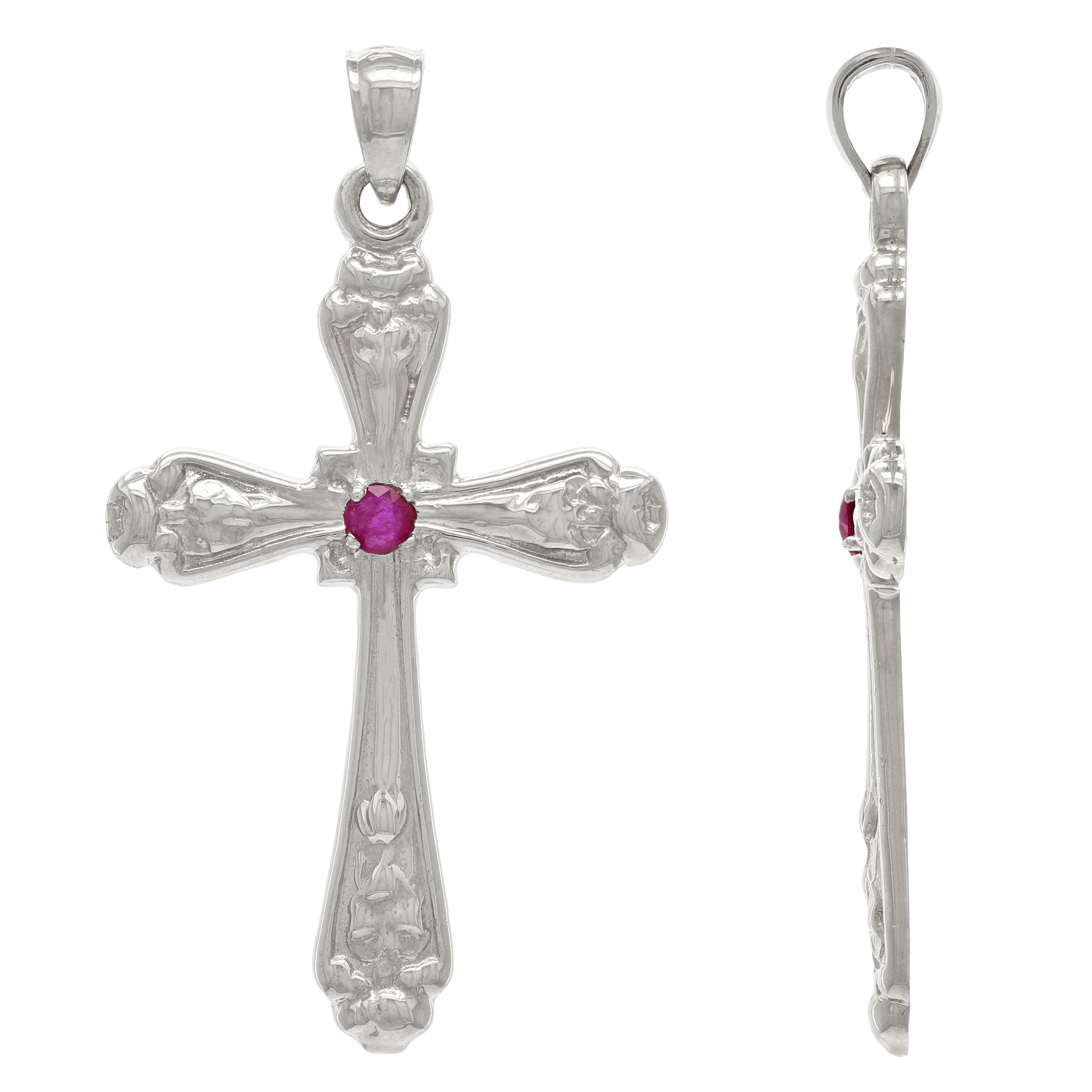 14k White Gold Ruby Gemstone Religious Cross Charm Pendant 5.4 grams - White