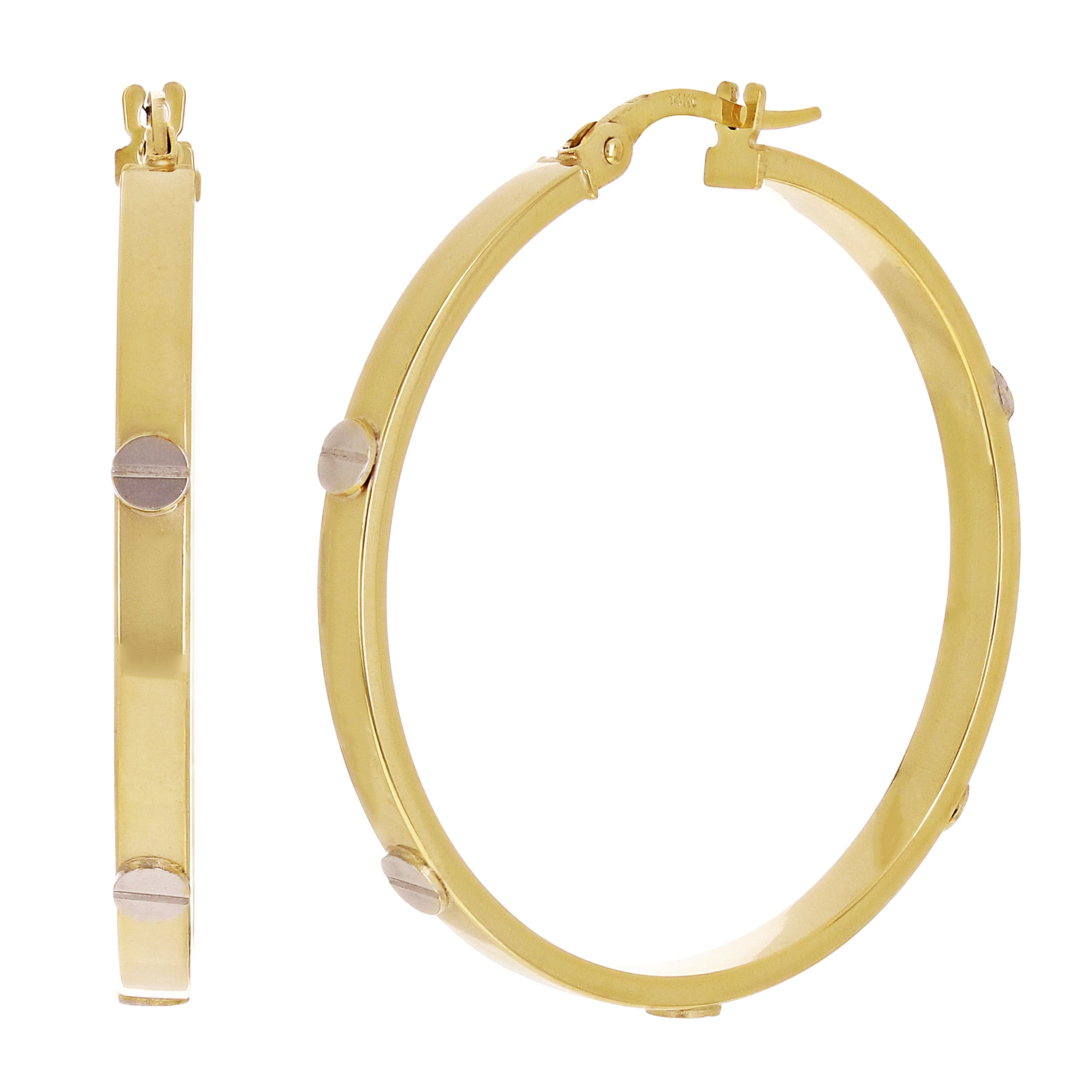 Italian 14k Two-Tone Gold Hollow Screw Design Hoop Earrings 1.5" 3mm 3.1 grams