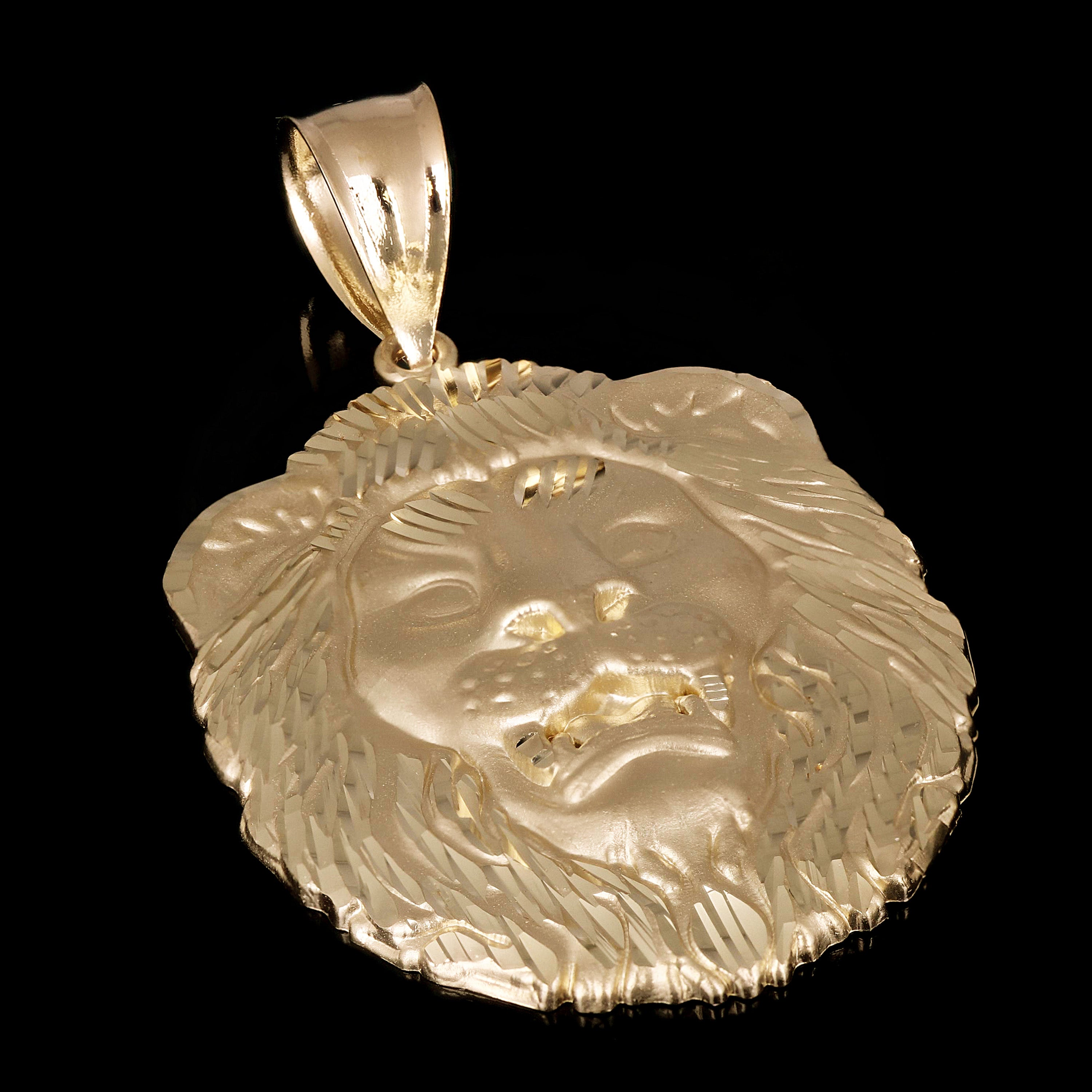 14k Yellow Gold Solid Diamond Cut Roaring Lion Head Face Pendant 2.3" 9.5 grams - Large