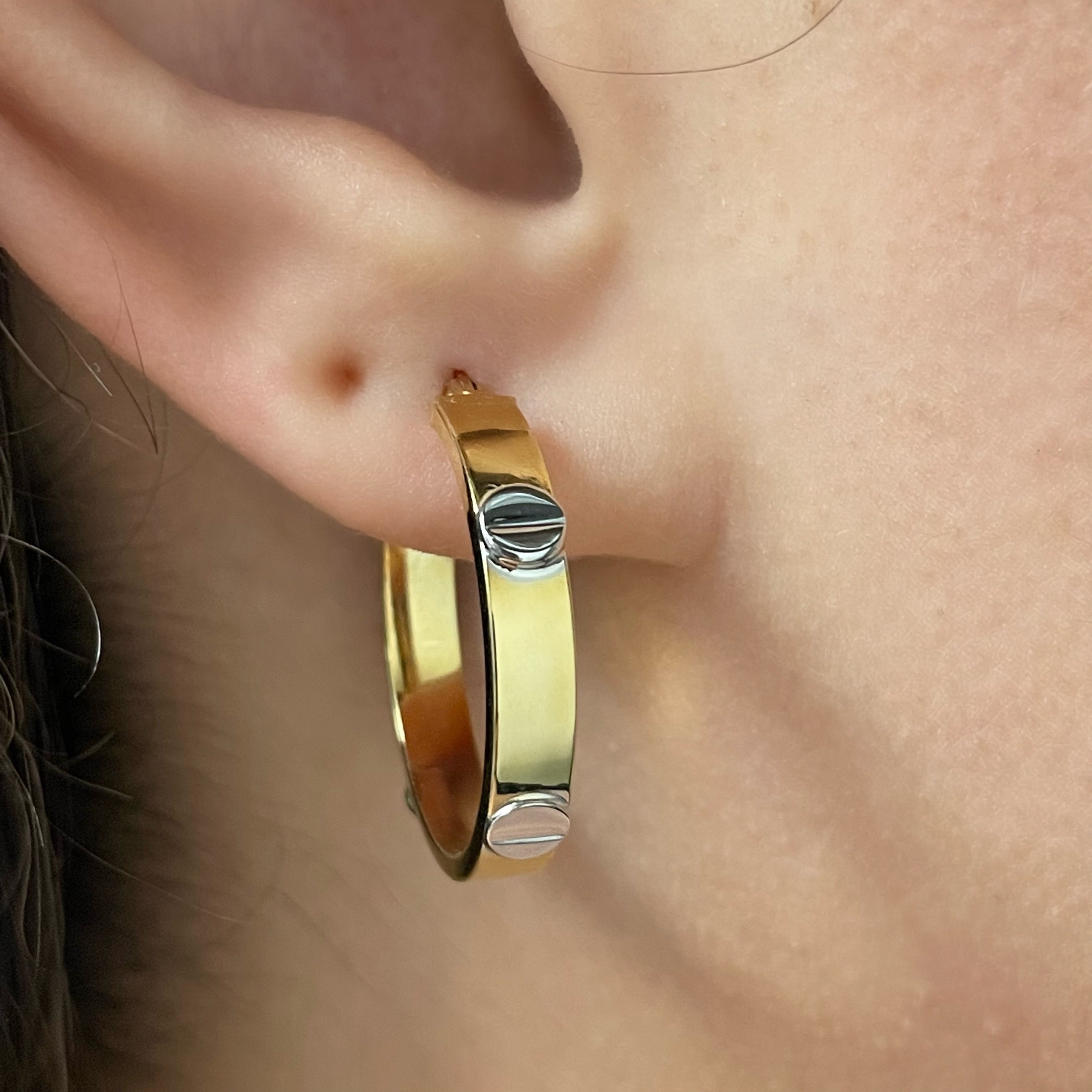 Italian 14k Yellow & White Gold Love Screw Design Small Hollow Hoop Earrings 1" - Style1 Small