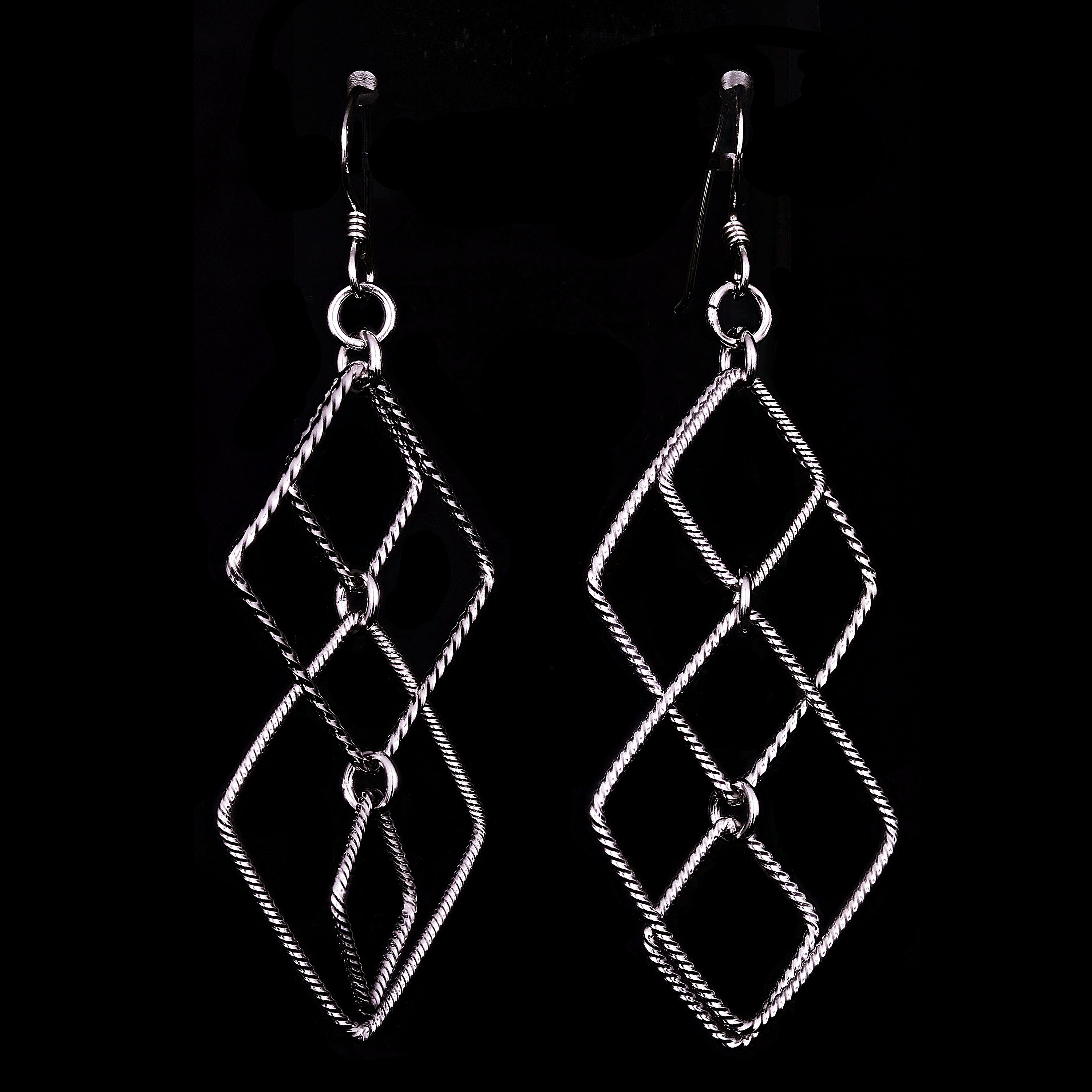 Sterling Silver Diamond-Shaped Link Long Dangle Earrings 2.7"