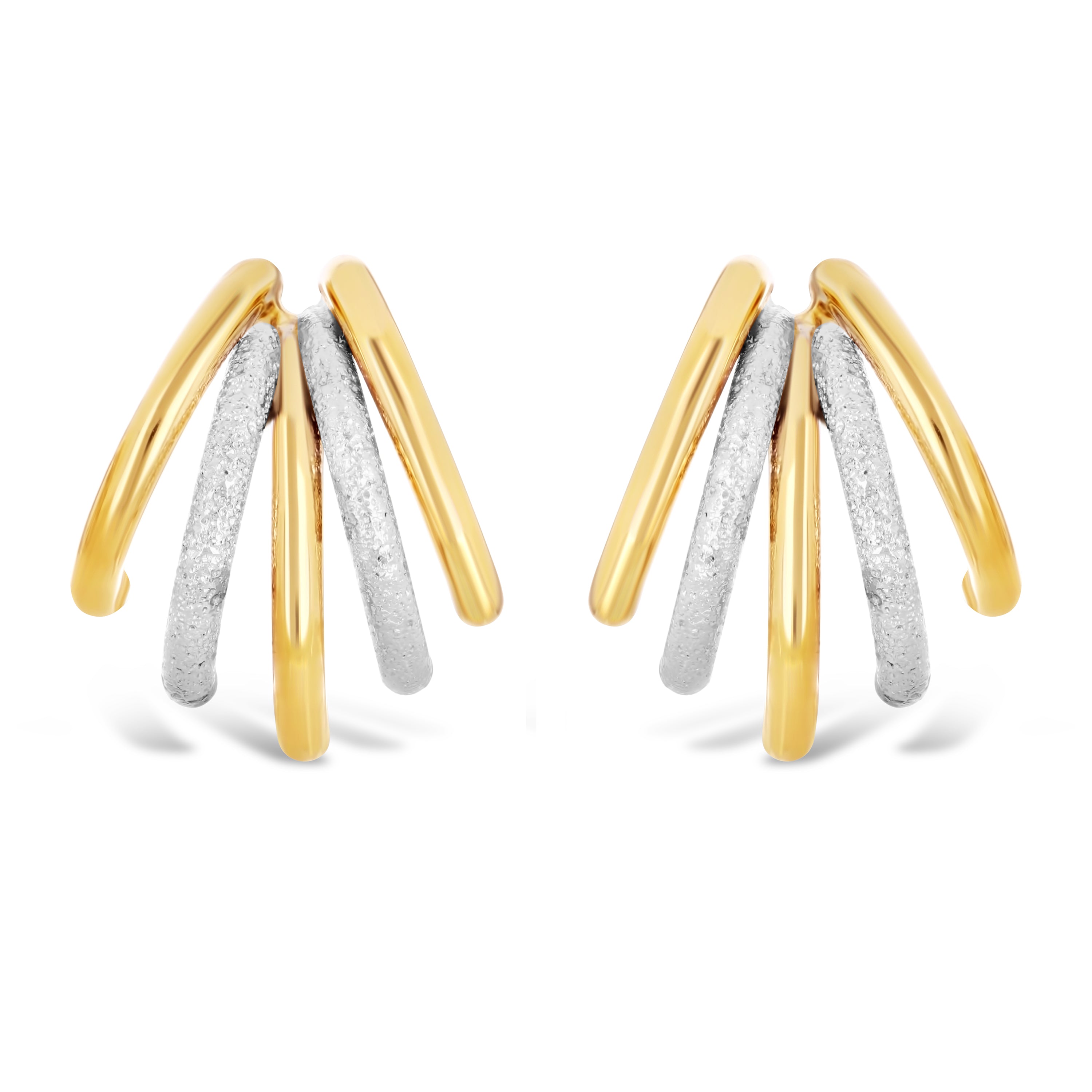 Italian 14k Yellow & White Gold Shiny Macaroni Cuffed Quarter Hoop Stud Earrings - Yellow and White