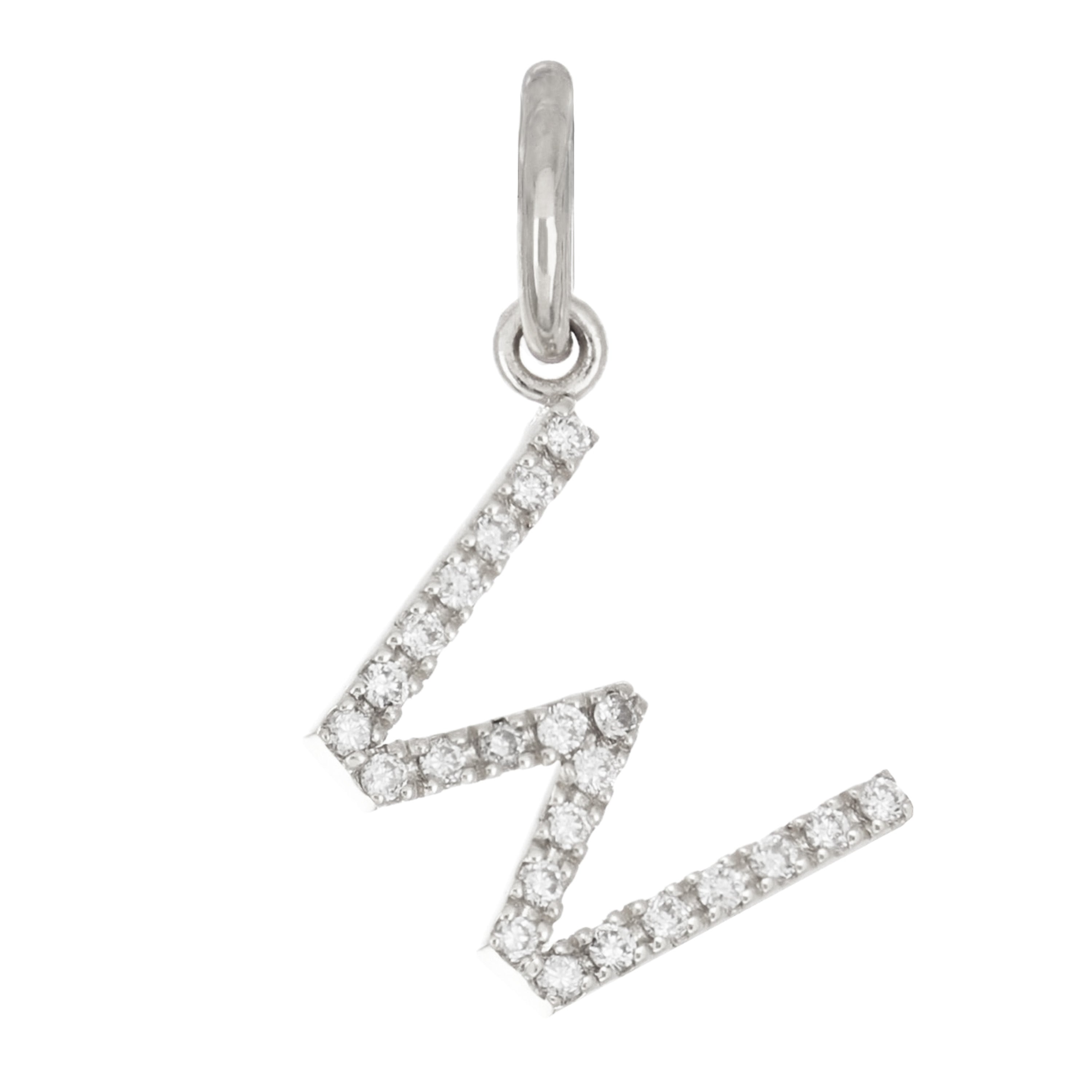 14k White Gold Diamond Initial Letter W Charm Pendant - Letter W,White