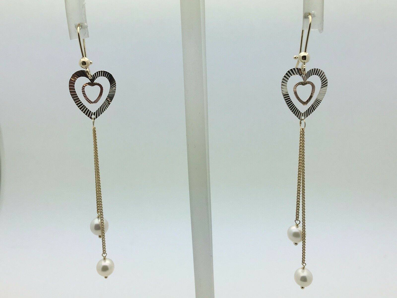 14k Tri Color Gold Heart Water Pearl Necklace and Earrings Jewelry Set