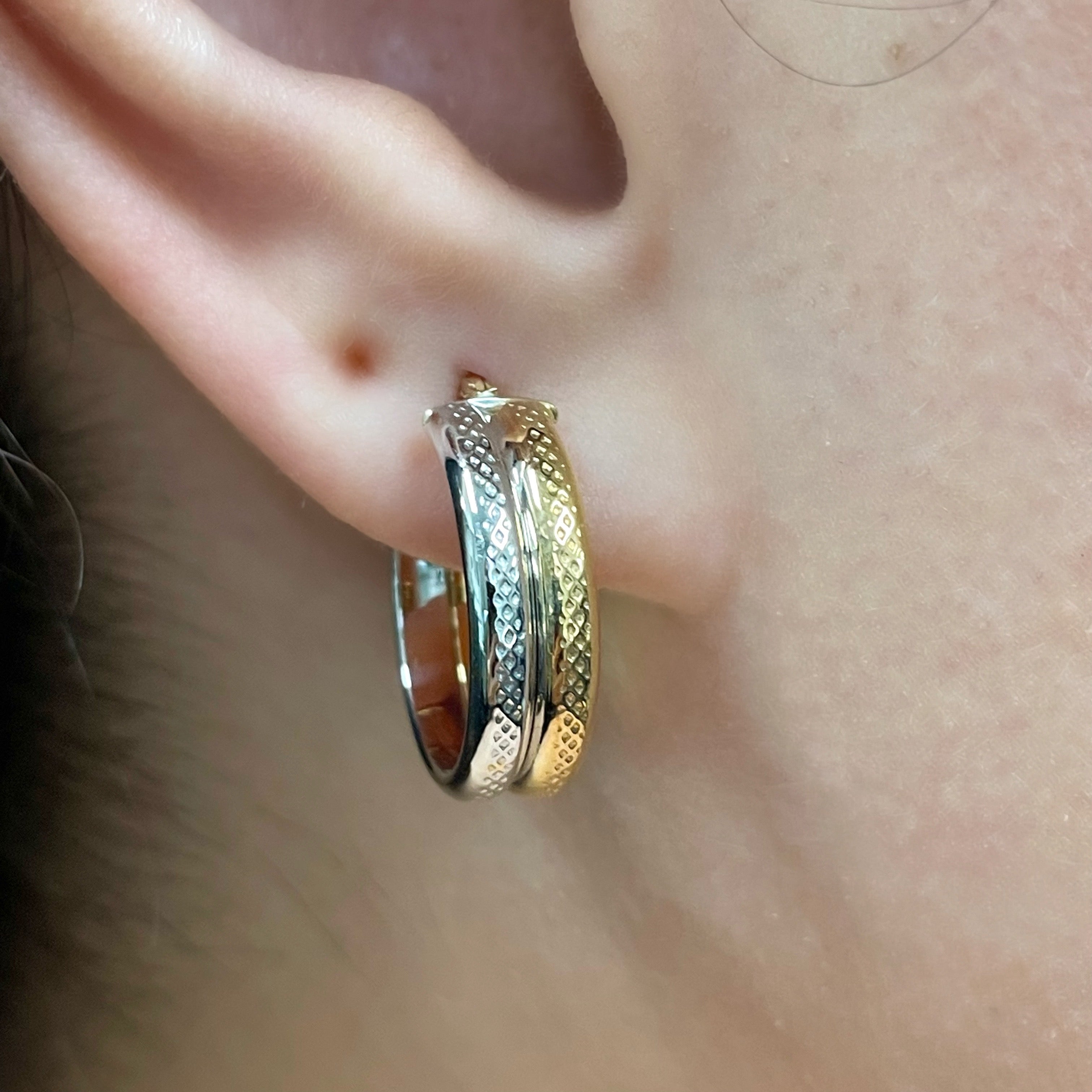 Italian 14k Yellow & White Gold Waffle Snare Design Double Hollow Hoop Earrings