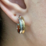 Italian 14k Yellow & White Gold Waffle Snare Design Double Hollow Hoop Earrings