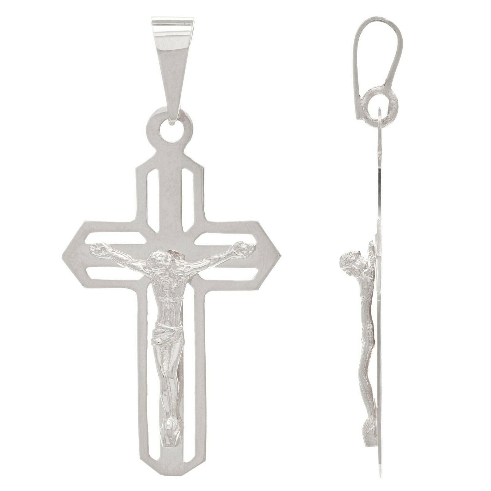 14k White Gold Jesus Christ Crucifix Cross Religious Charm Pendant 1.4" 2.6grams - White