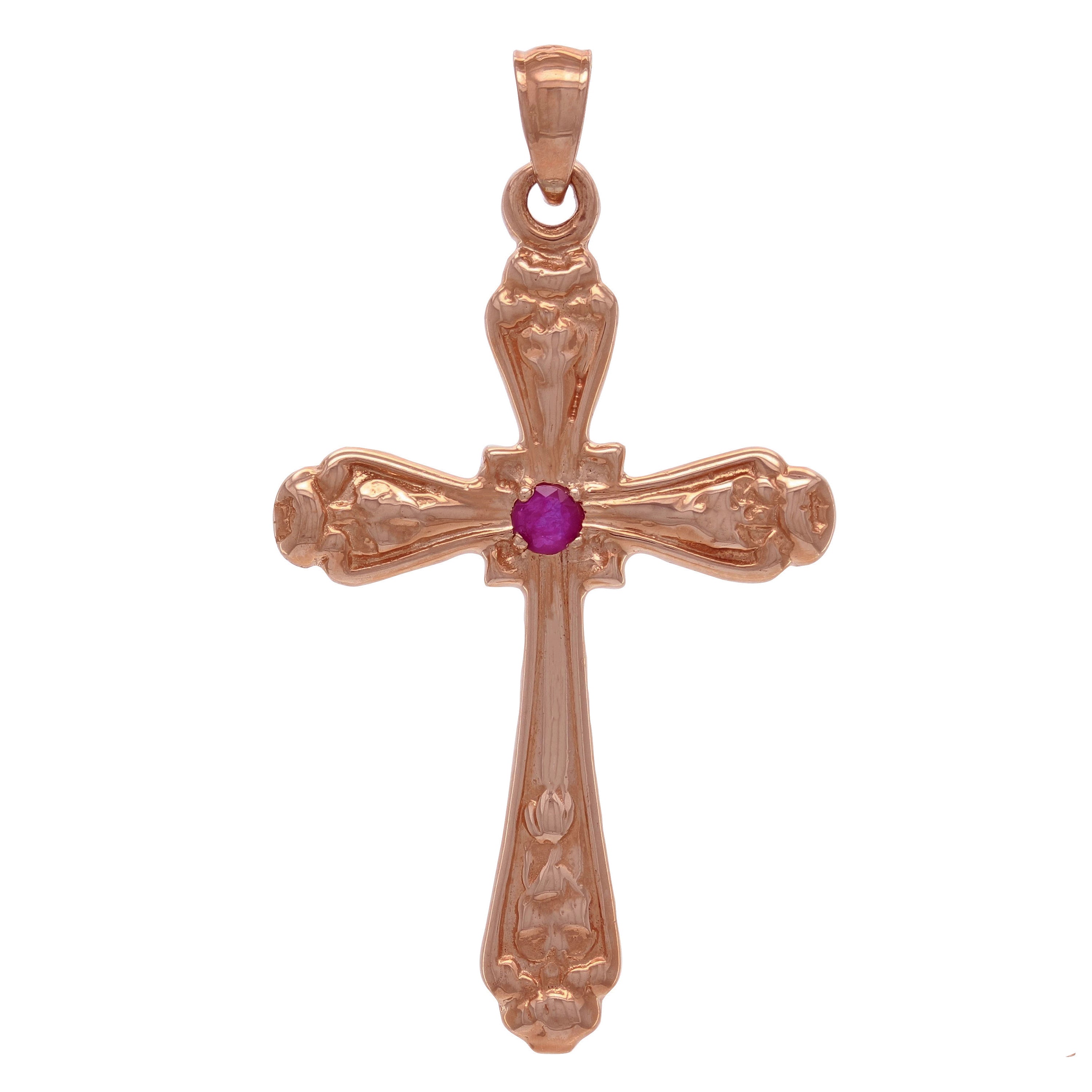 14k Rose Gold Ruby Gemstone Religious Cross Charm Pendant 5.4 grams - Rose