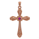 14k Rose Gold Ruby Gemstone Religious Cross Charm Pendant 5.4 grams - Rose