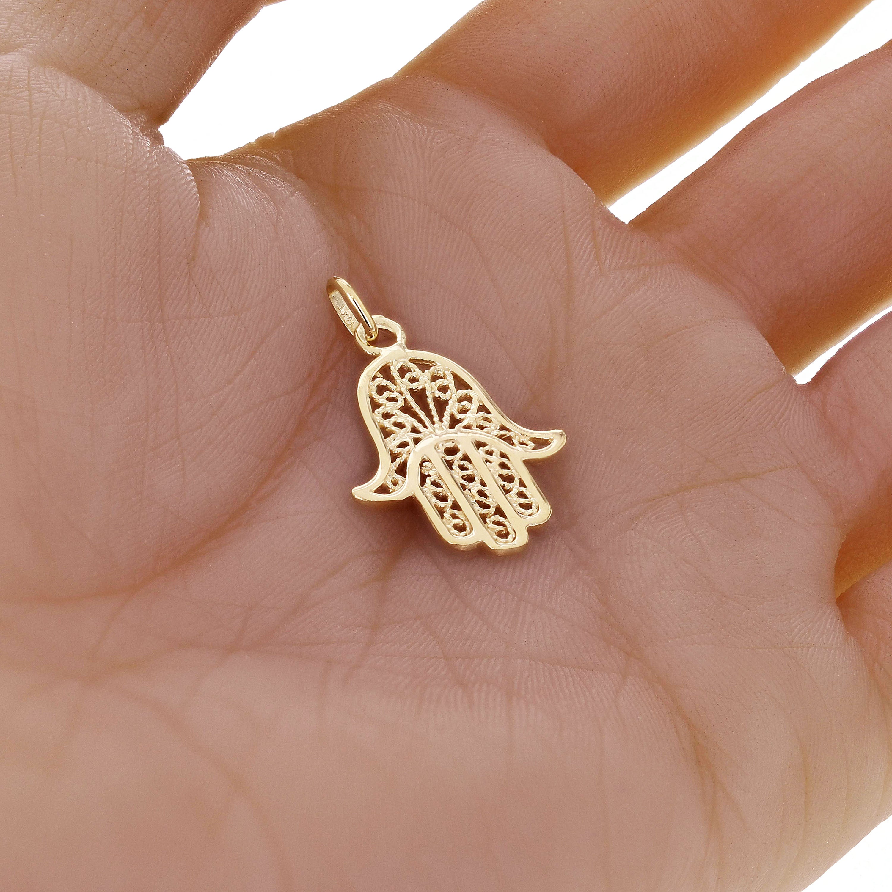 Italian 14k Yellow Gold Hamsa Hand of Fatima Charm Pendant 1.2" 1.8 grams