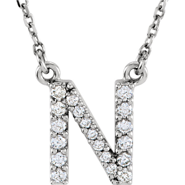 14k White Gold Diamond Initial Letter N Alphabet Rolo Pendant Necklace 18" - Letter N,White