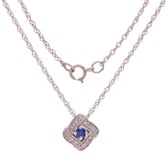 10k White Gold 0.10ctw Sapphire & Diamond Square Vintage Style Pendant Necklace